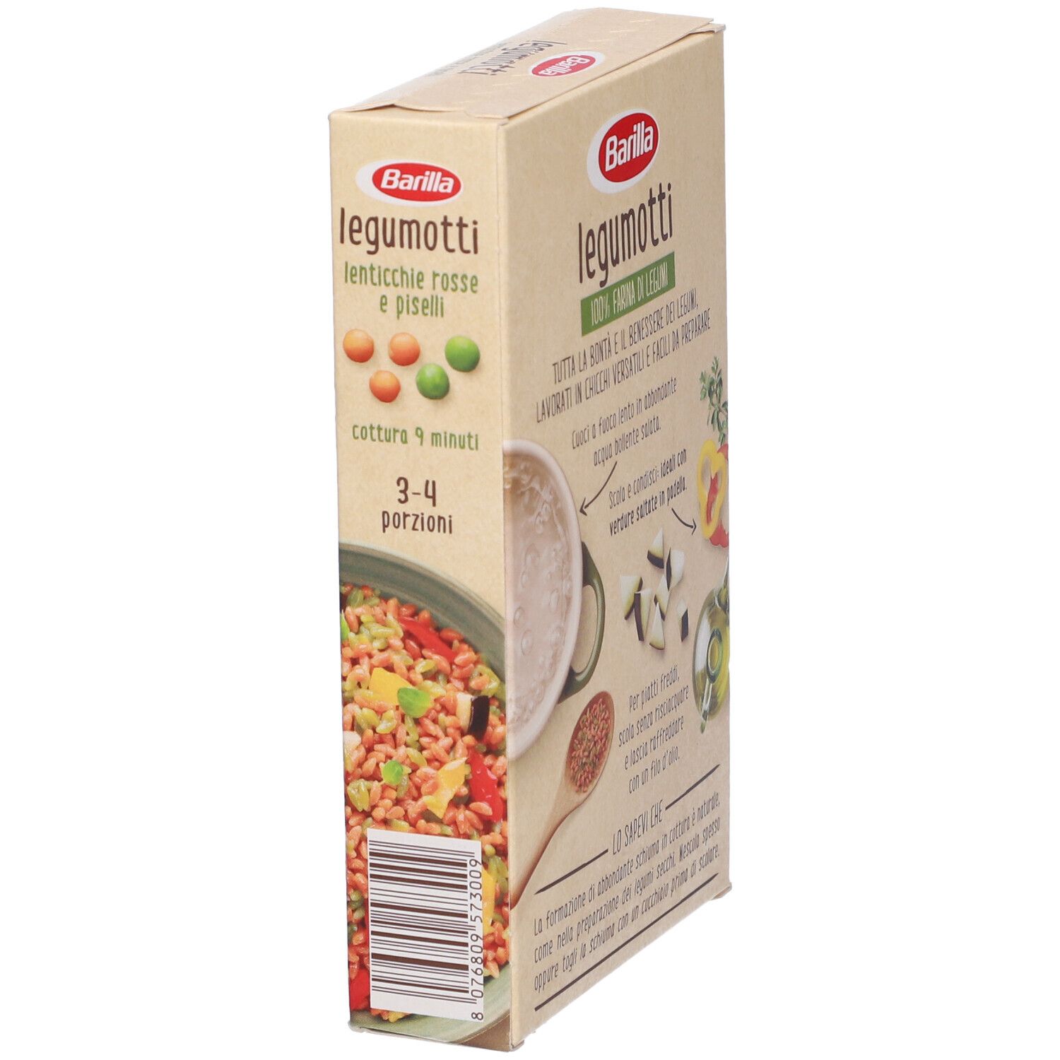 Confezione Barilla Legumotti. Scritta: legumotti, lenticchie rosse e piselli, 100% Farina di legumi, 300g. Consigli di cottura.