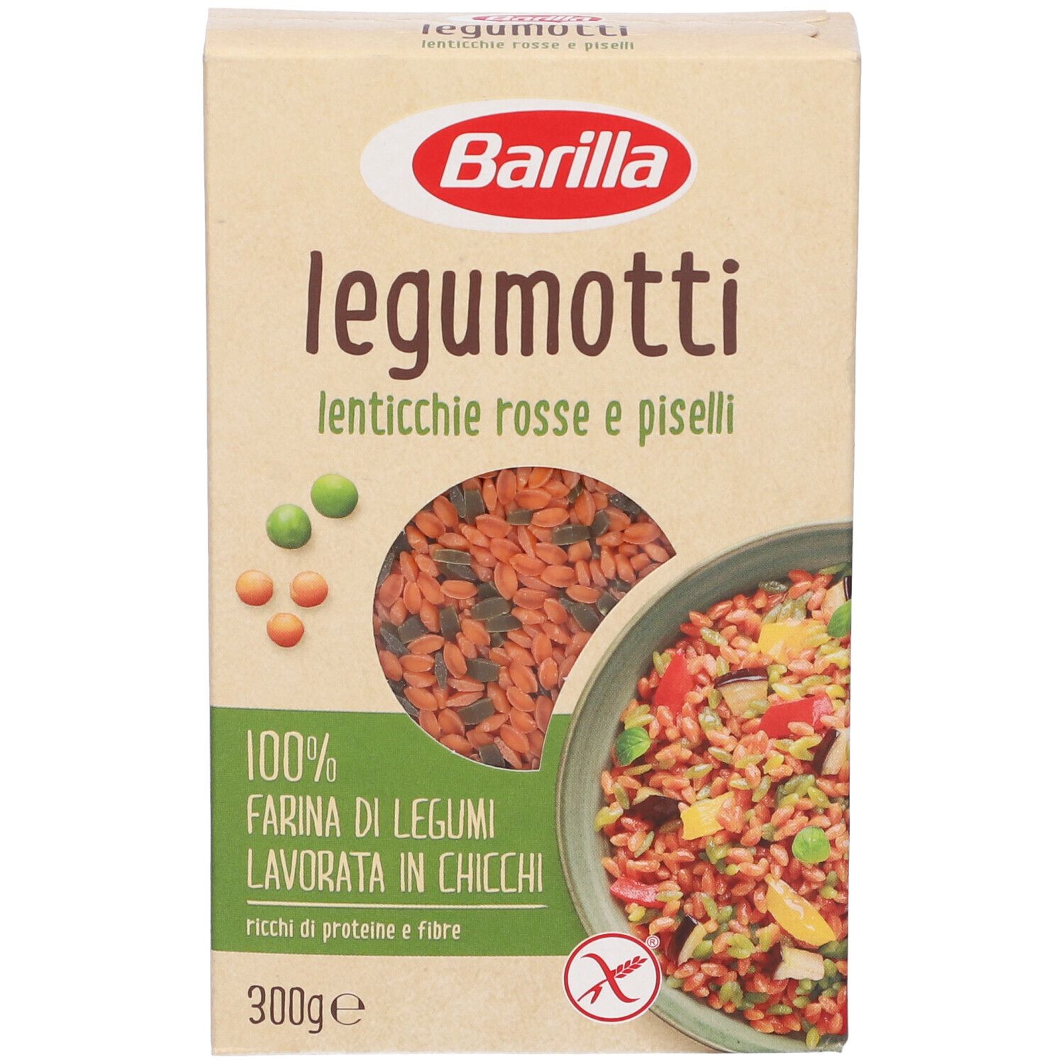 Confezione Barilla Legumotti. Scritta: legumotti, lenticchie rosse e piselli, 100% Farina di legumi, 300g. Simbolo senza glutine.