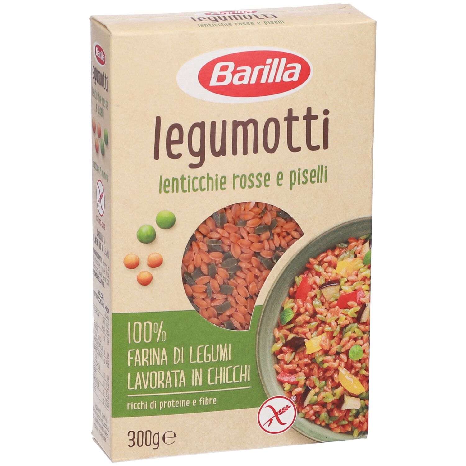 Confezione Barilla Legumotti. Scritta: legumotti, lenticchie rosse e piselli, 100% Farina di legumi, 300g. Simbolo senza glutine.