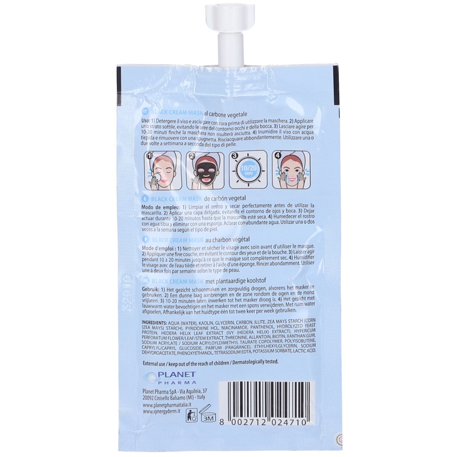 Synergy Derm Black Cream Mask. Schwarze Maske in einem Beutel mit Anwendungsanleitung. Rückseite mit Inhaltsstoffen und Herstellerangaben.