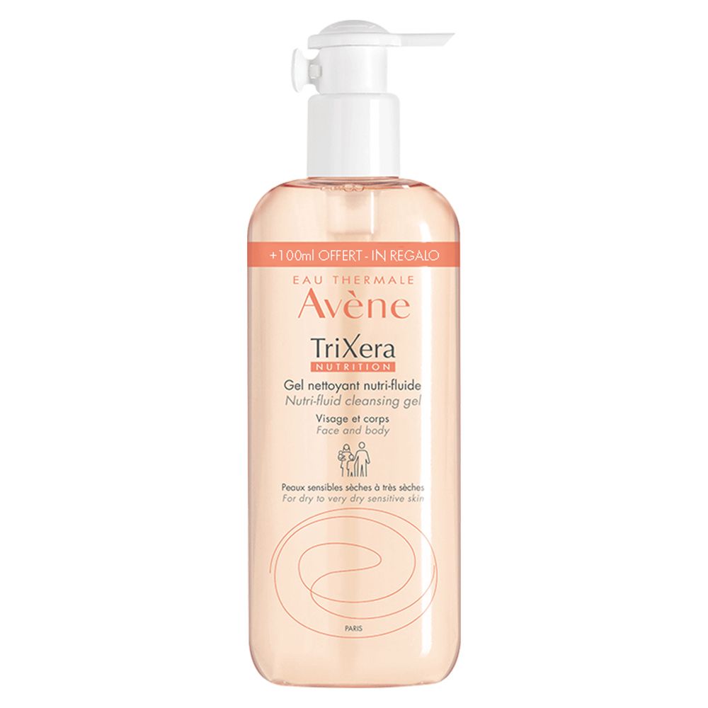 Flacone trasparente con dosatore bianco. Etichetta con informazioni sul prodotto. Testo: Eau Thermale Avène TriXera Nutrition. Per pelli secche.