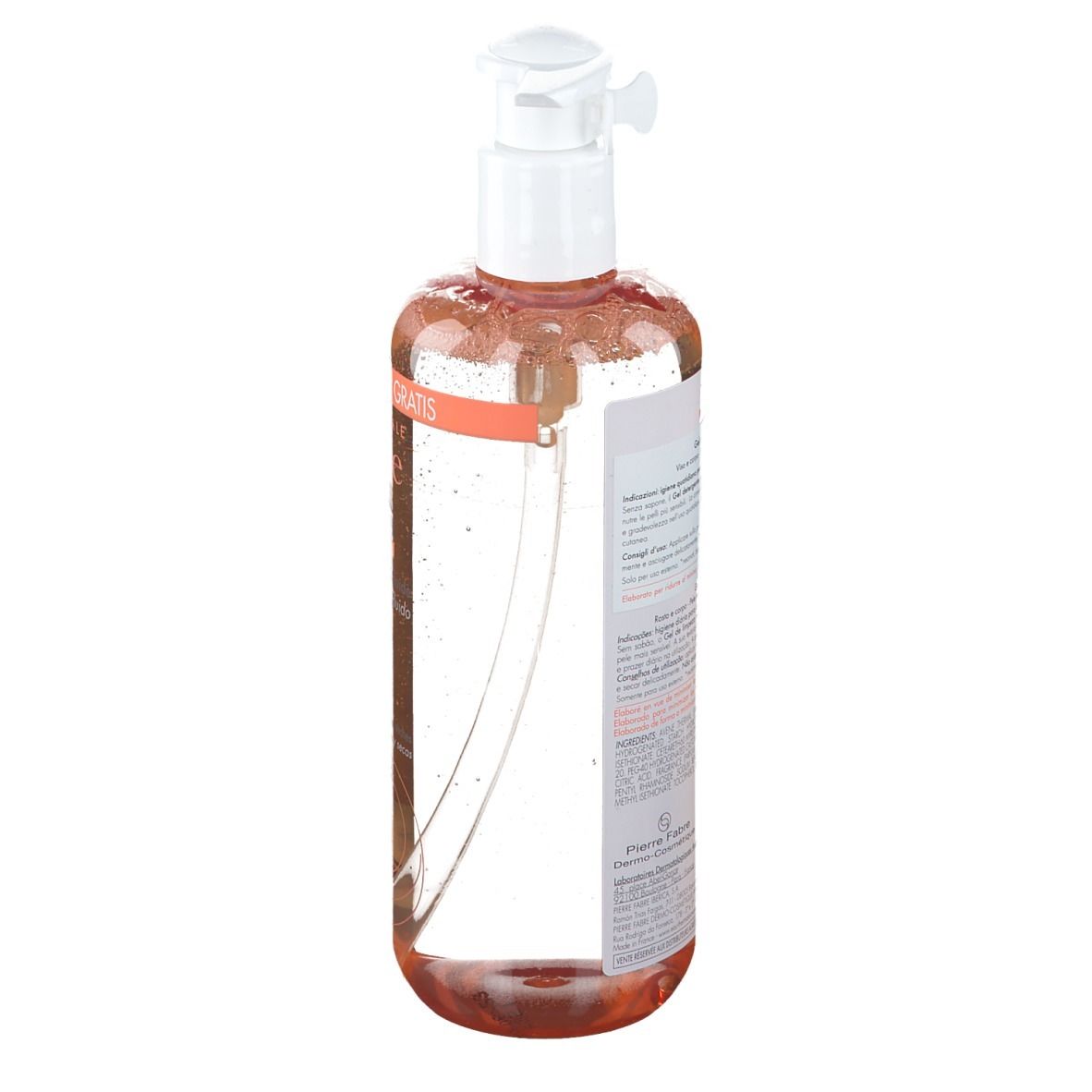 Retro del flacone. Etichetta con informazioni sul prodotto. Testo: Eau Thermale Avène. Per pelli secche. Ingredienti e istruzioni per l'uso.