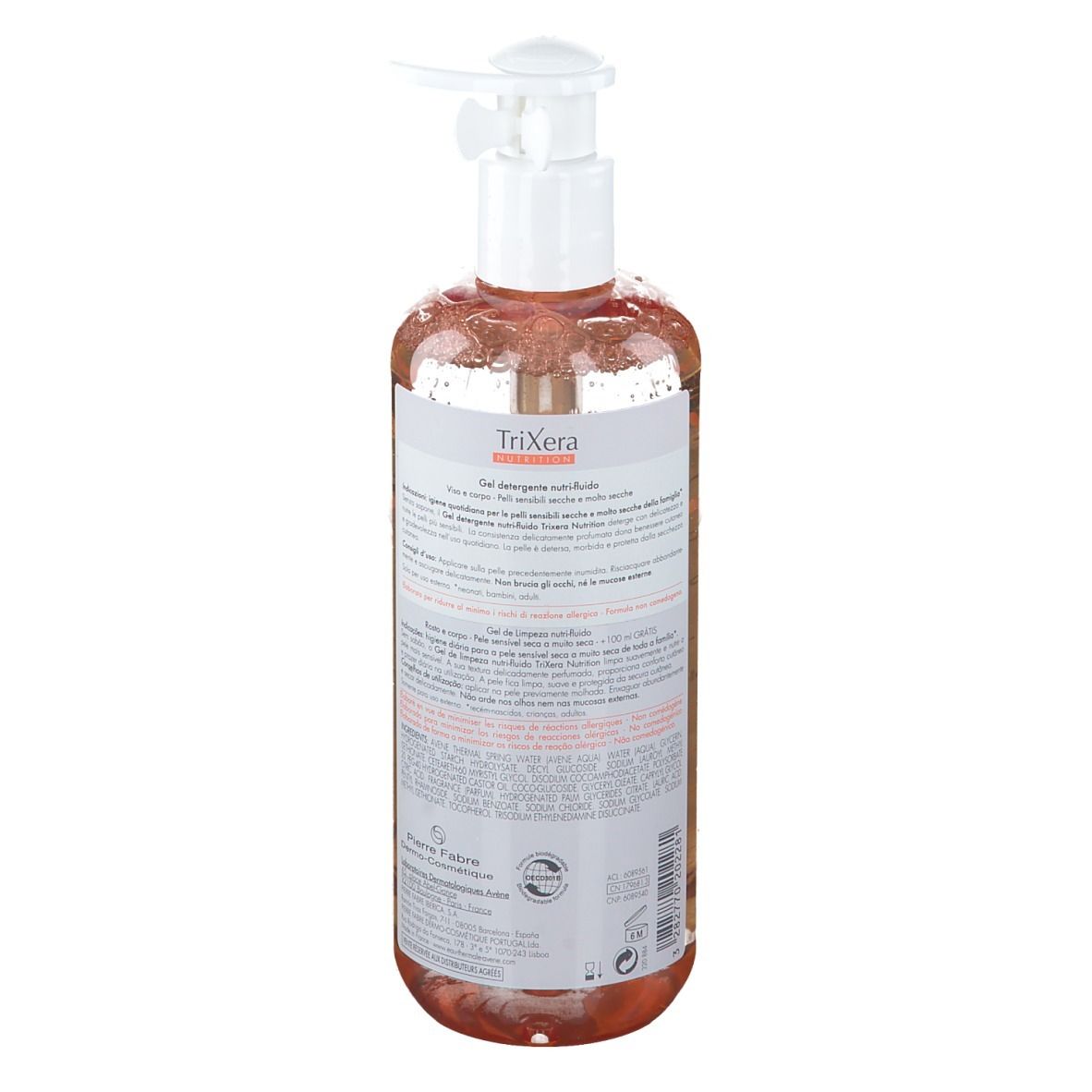 Retro del flacone. Etichetta con informazioni sul prodotto. Testo: Eau Thermale Avène. Per pelli secche. Ingredienti e istruzioni per l'uso.