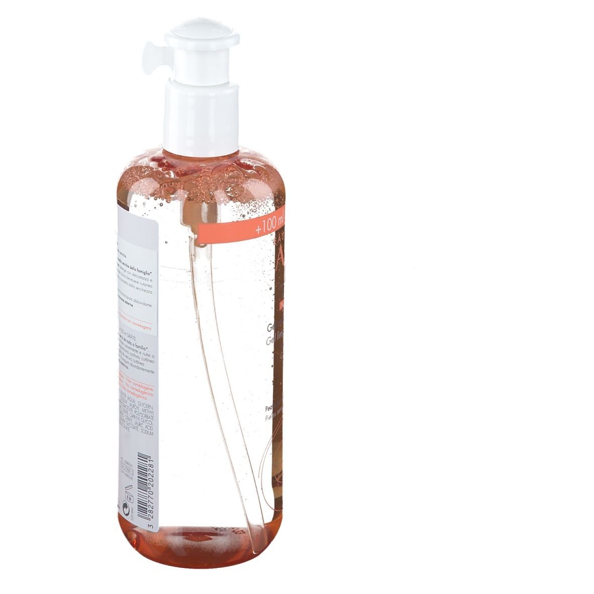 Flacone, vista laterale. Etichetta con informazioni sul prodotto. Testo: Eau Thermale Avène. Per pelli secche.