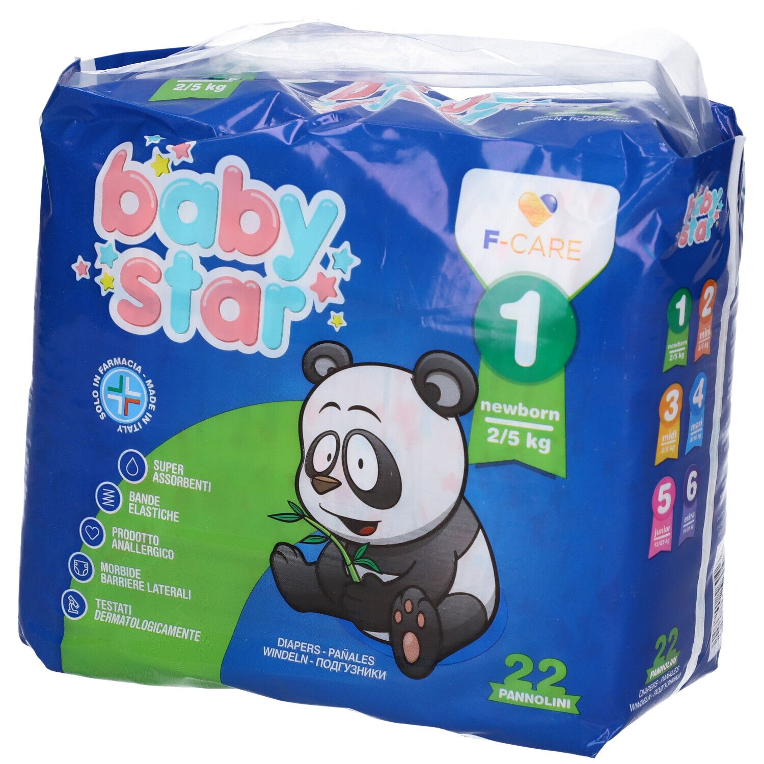 Blau-weiße Verpackung mit Baby Star Windeln. Panda-Illustration, Text: 22 Windeln, 2/5 kg, Größe 1. F-CARE-Logo.