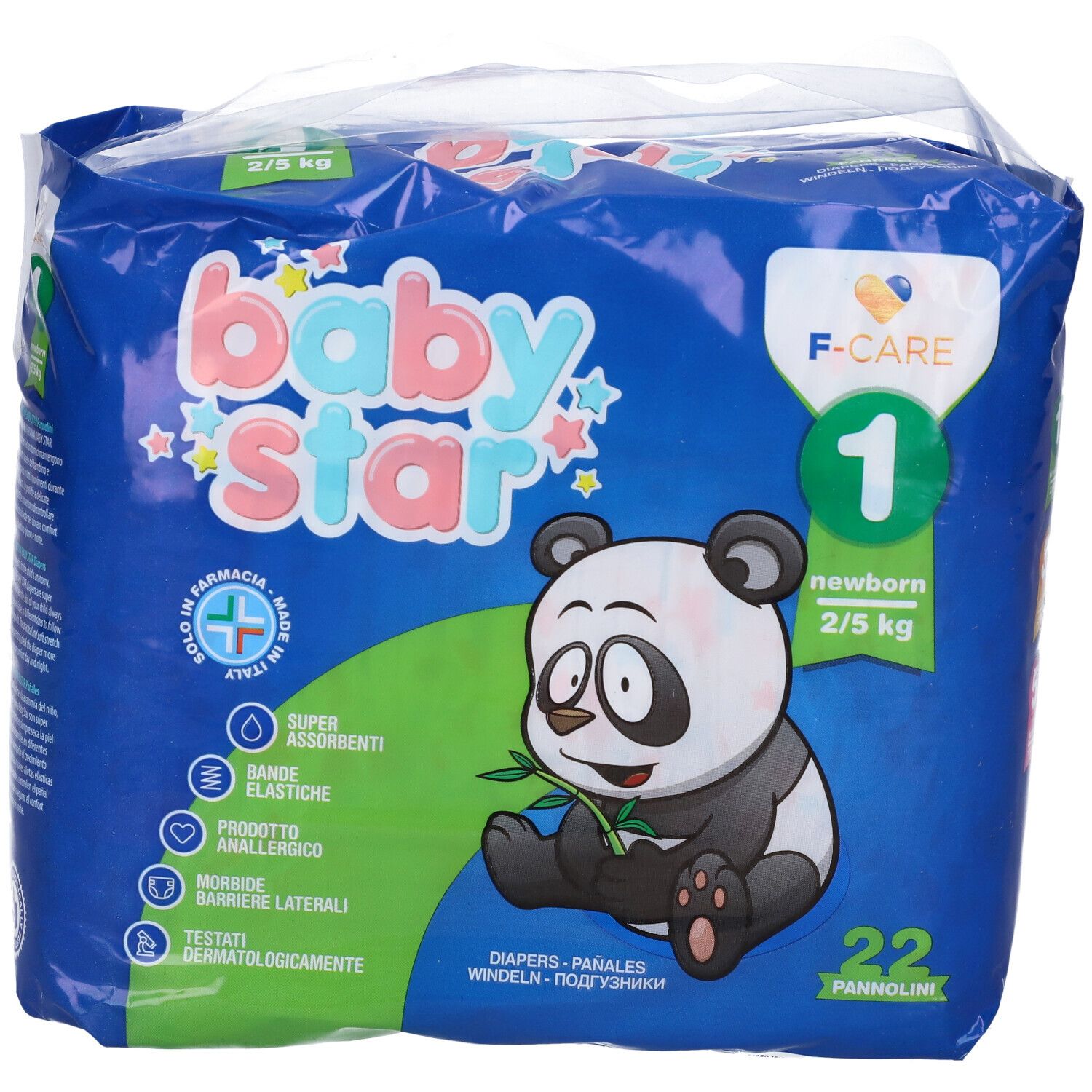Blau-weiße Verpackung mit Baby Star Windeln. Panda-Illustration, Text: 22 Windeln, 2/5 kg, Größe 1. F-CARE-Logo.