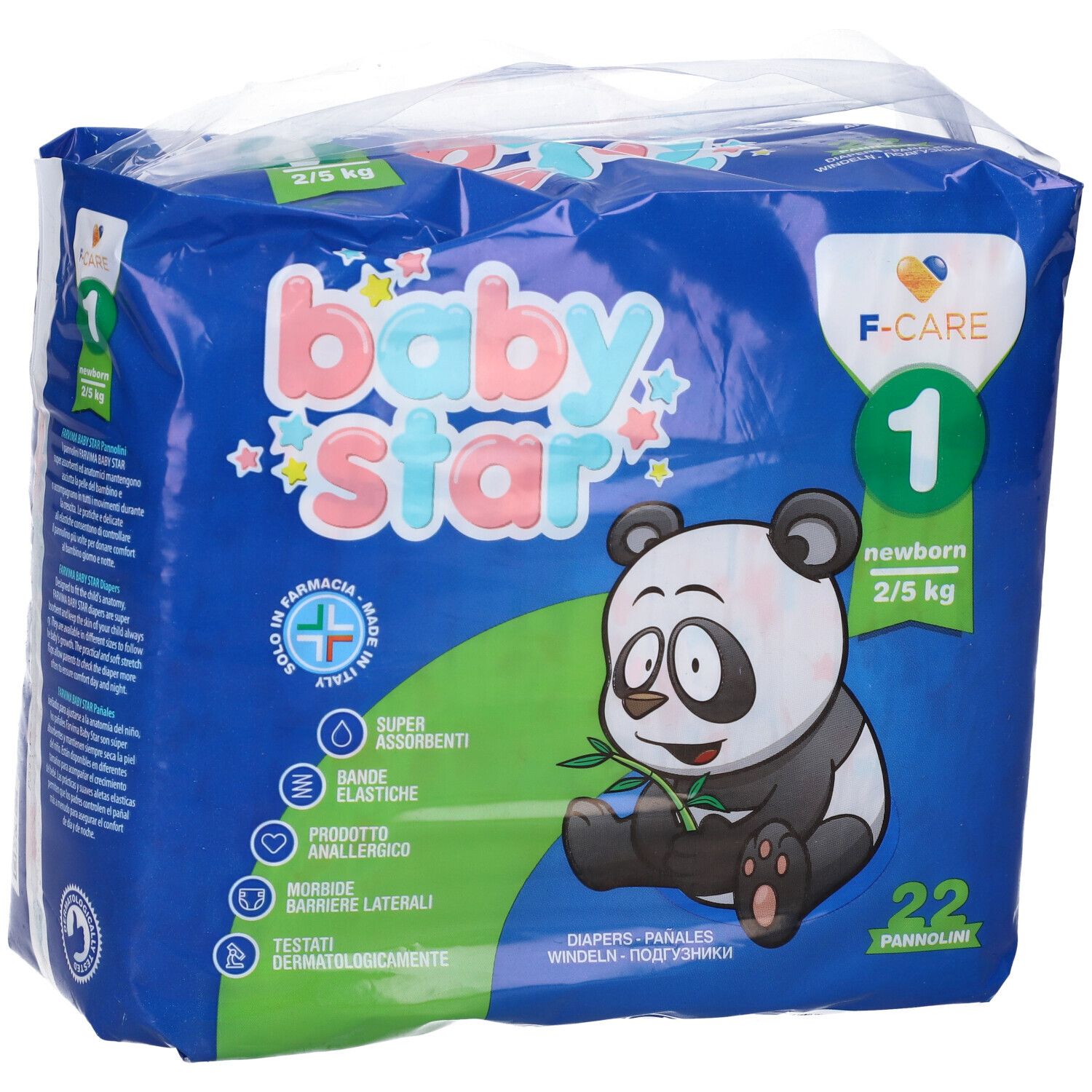 Blau-weiße Verpackung mit Baby Star Windeln. Panda-Illustration, Text: 22 Windeln, 2/5 kg, Größe 1. F-CARE-Logo.