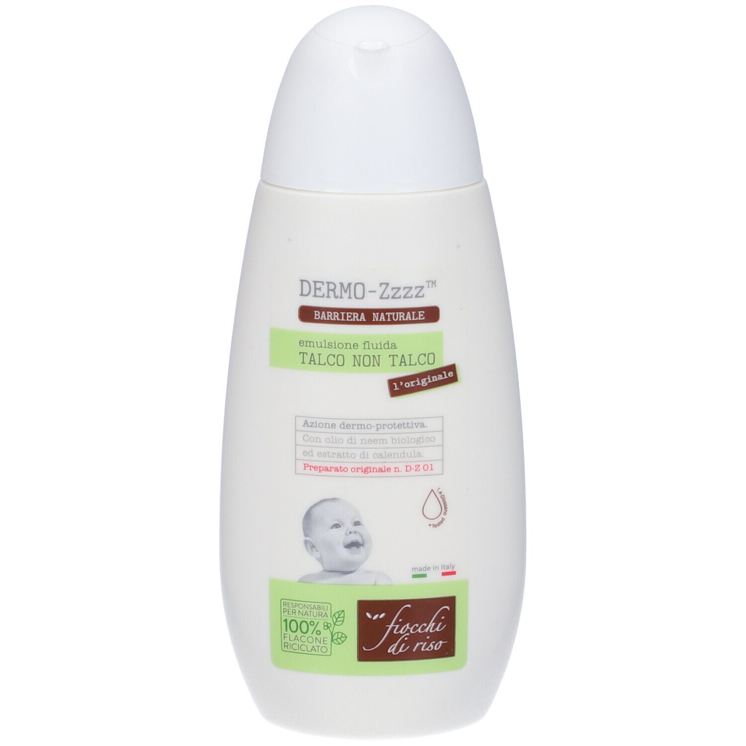 Flacone bianco con tappo bianco. Scritta: Dermo-Zzzz, Talco Non Talco, Barriera Naturale. Logo: viso di bambino.