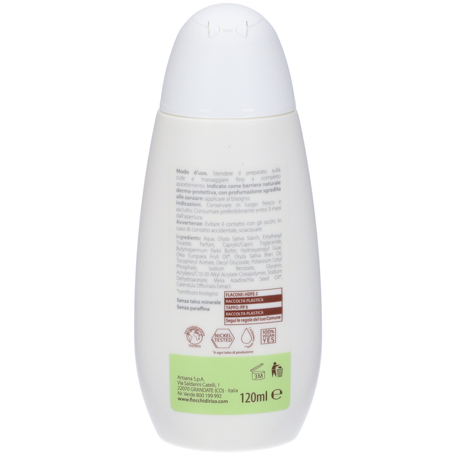 Retro del flacone bianco. Testo: ingredienti, istruzioni per l'uso. Loghi: riciclo, eco-label, 120ml.
