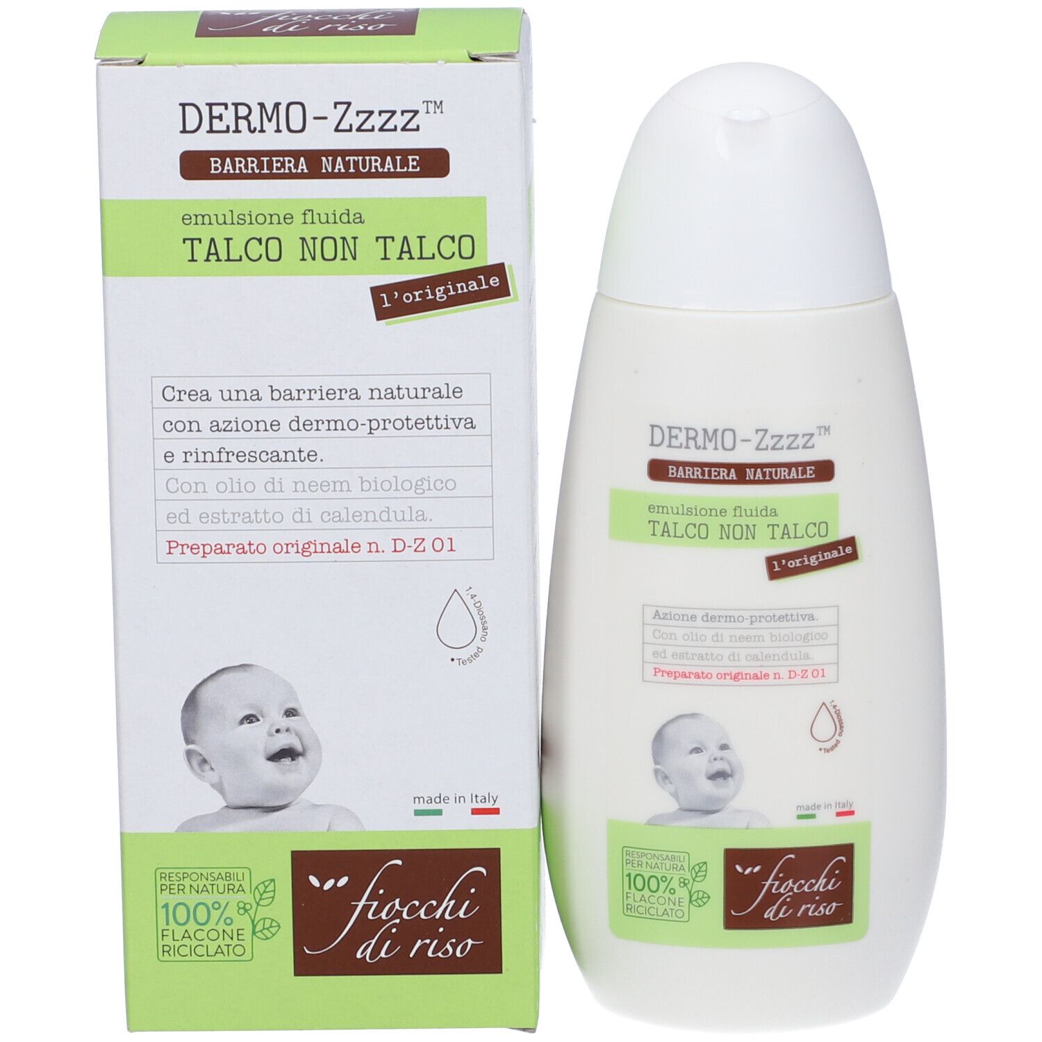 Confezione e flacone del prodotto. Confezione: Dermo-Zzzz, Talco Non Talco. Flacone: Dermo-Zzzz, Talco Non Talco. Logo: viso di bambino.