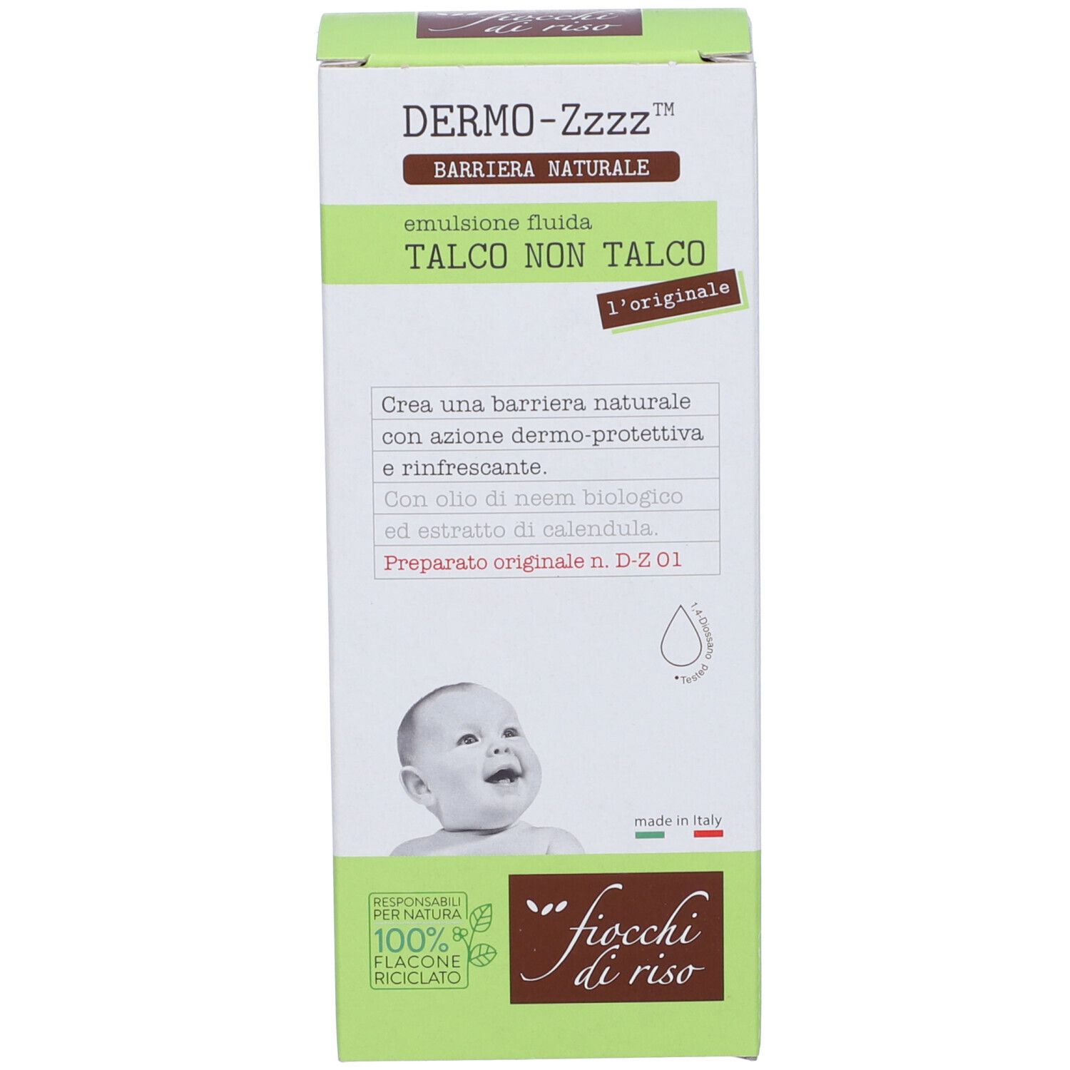 Confezione del prodotto. Scritta: Dermo-Zzzz, Talco Non Talco, Barriera Naturale. Logo: viso di bambino. Testo: Preparato originale.