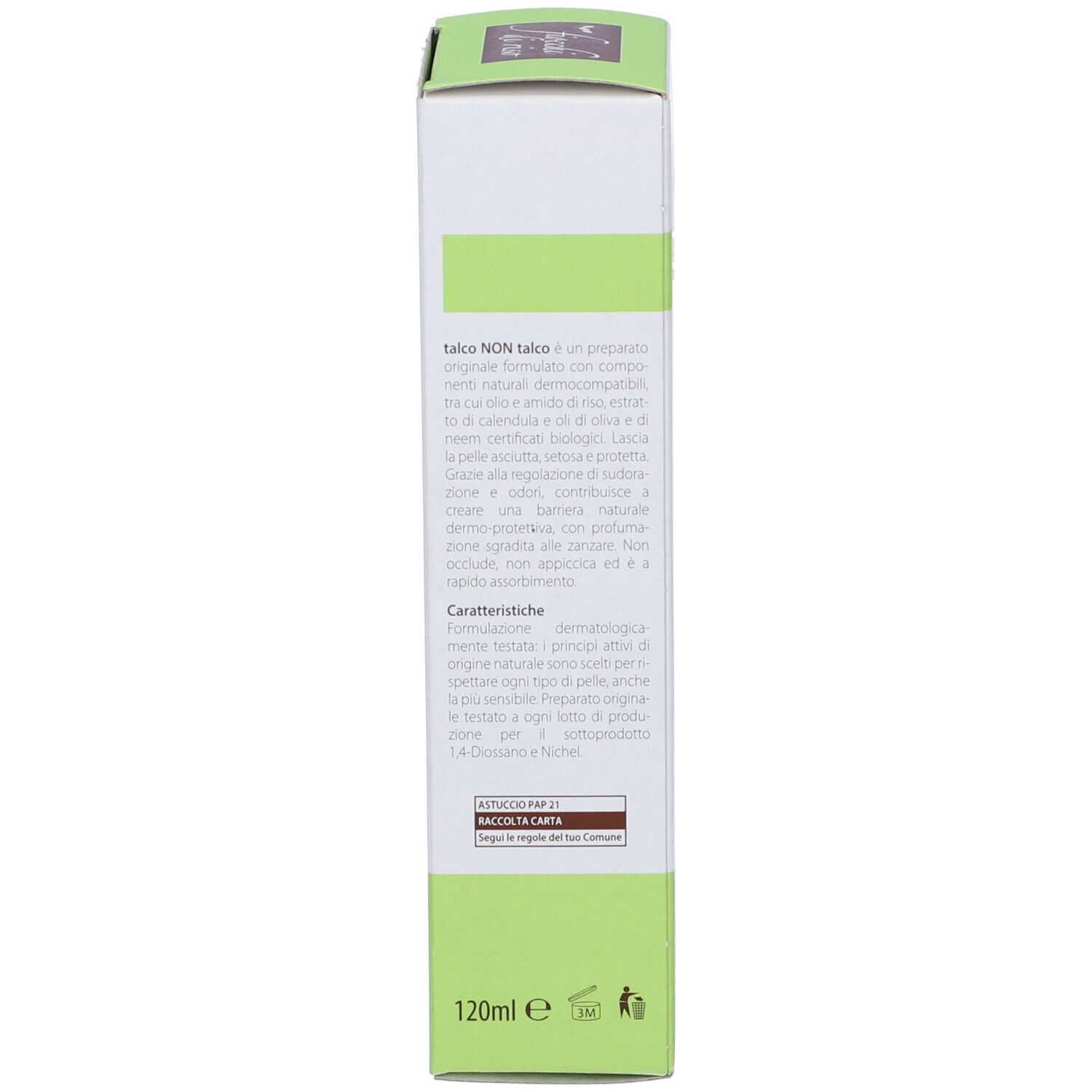 Lato della confezione del prodotto. Testo: descrizione del prodotto, 120ml. Logo: riciclo. Eco-label.