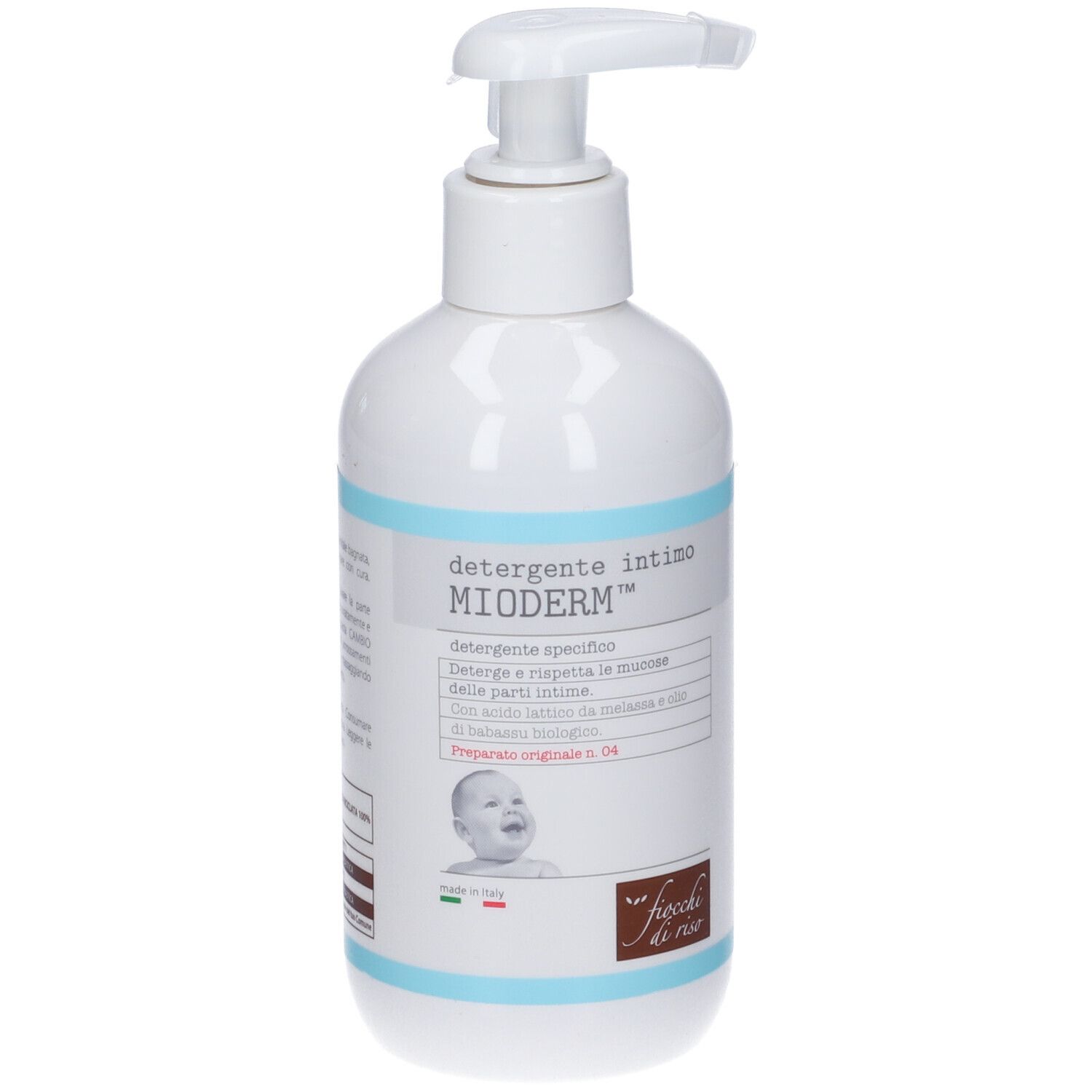 Weiße Flasche mit Pumpverschluss. Aufschrift: Mioderm Intimreinigung. Baby-Illustration. Italienische Flagge.