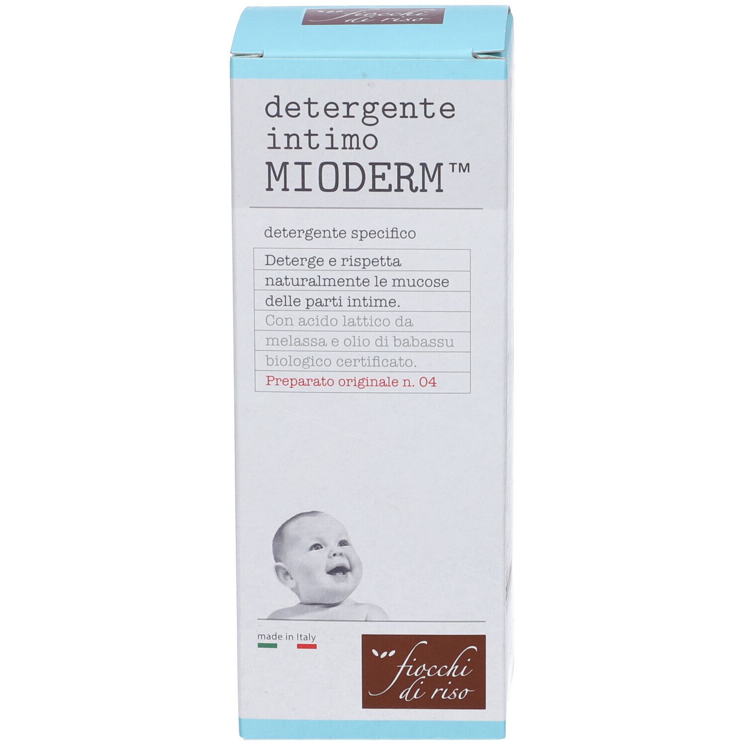 Kartonverpackung. Aufschrift: Mioderm Intimreinigung. Baby-Illustration. Italienische Flagge.