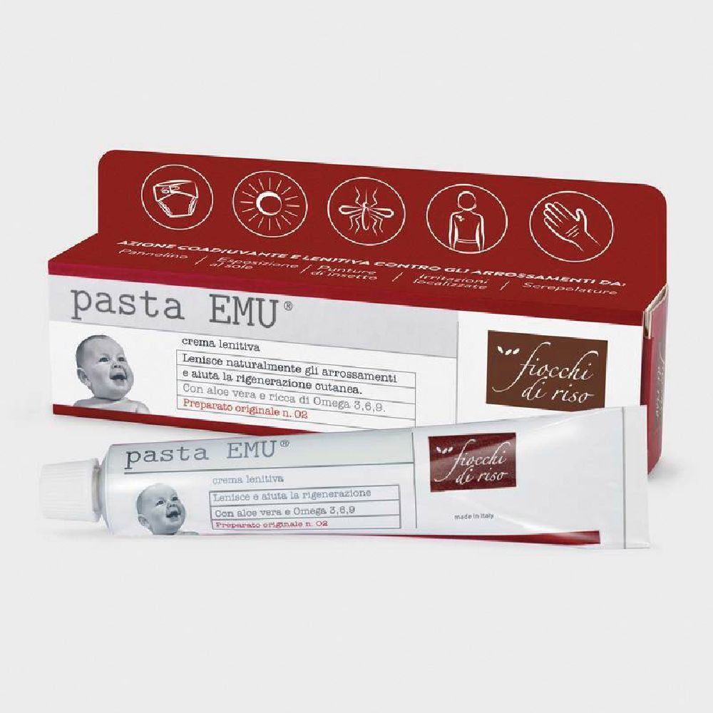Creme-Tube und -Verpackung. Auf der Verpackung: pasta EMU®, fiocchi di riso, Baby-Illustrationen und Icons. Text in italienischer Sprache.