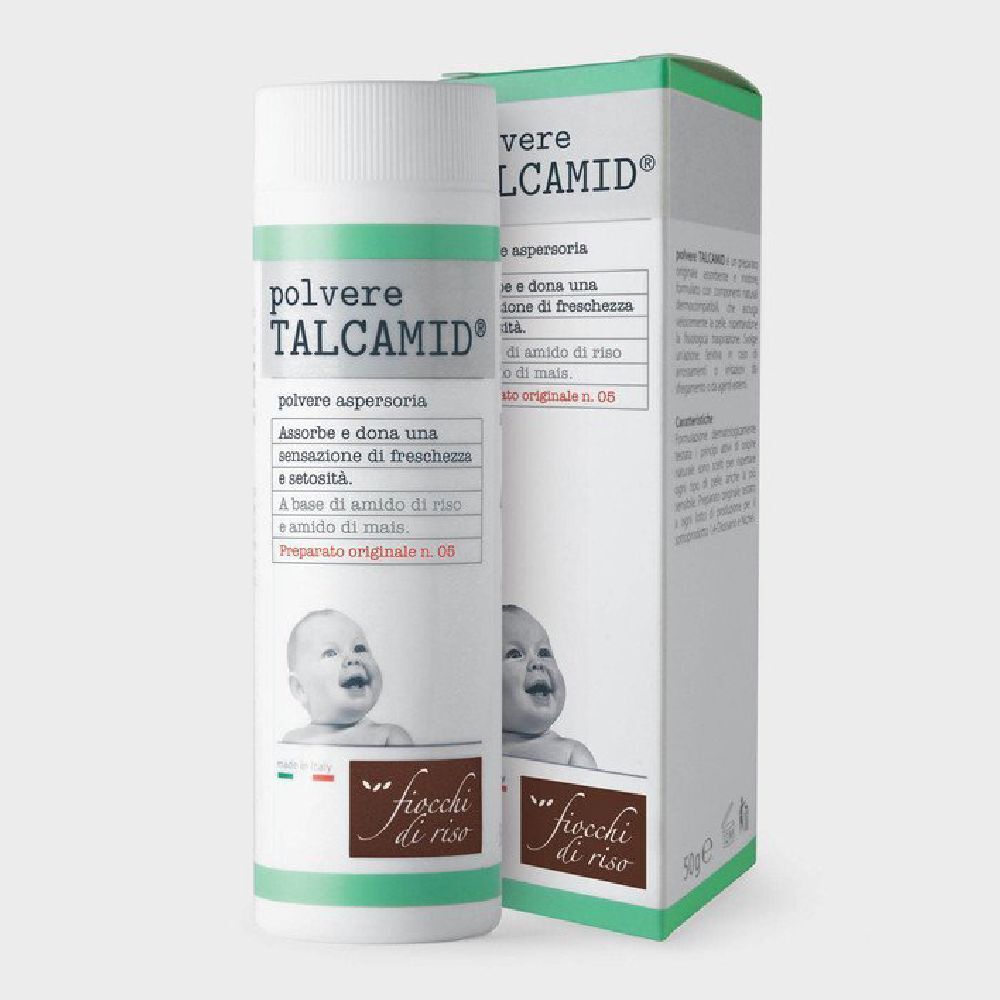 Flacone cilindrico e scatola con TALCAMID®. Scritte: « fiocchi di riso », immagine di bambino, dettagli verdi.