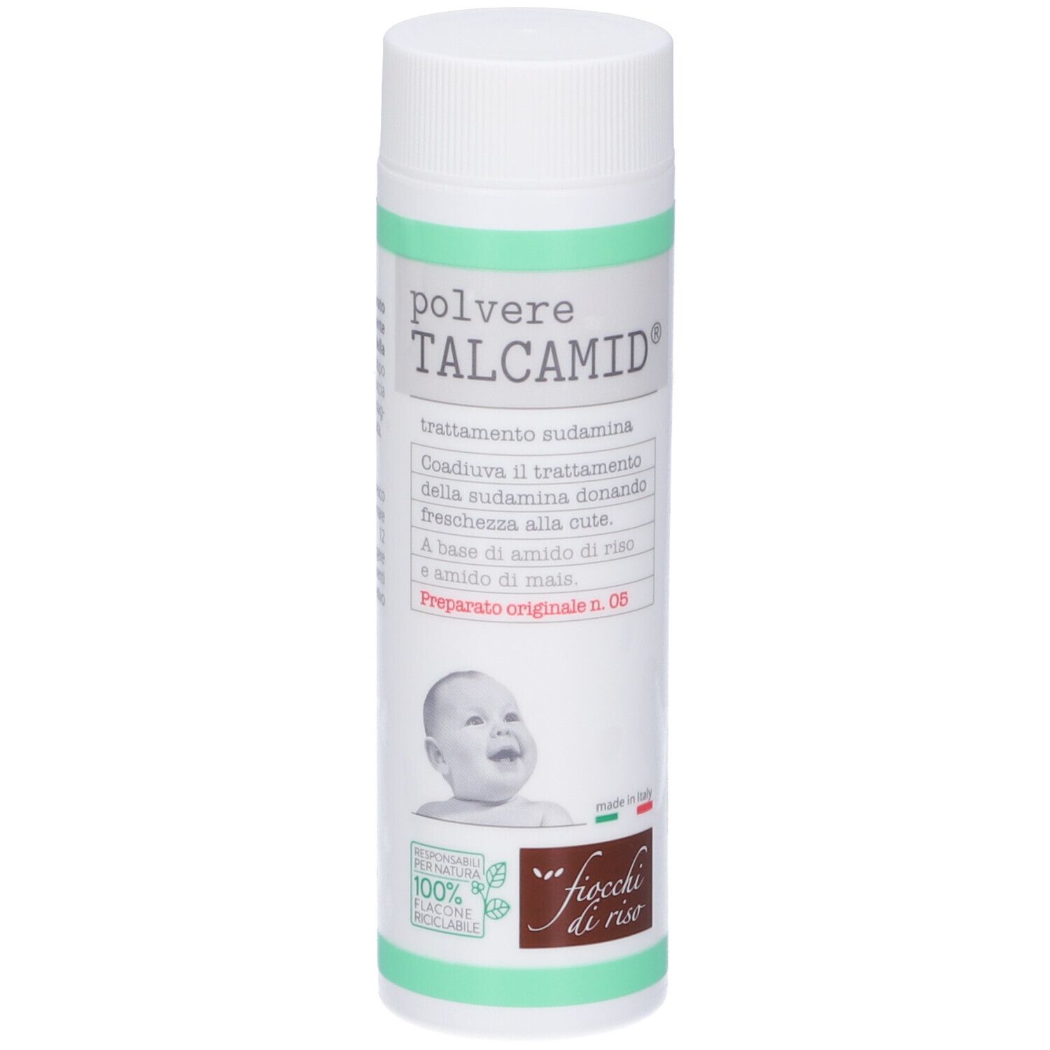 Flacone cilindrico con TALCAMID®. Scritte: « fiocchi di riso », immagine di bambino, dettagli verdi, logo riciclo.