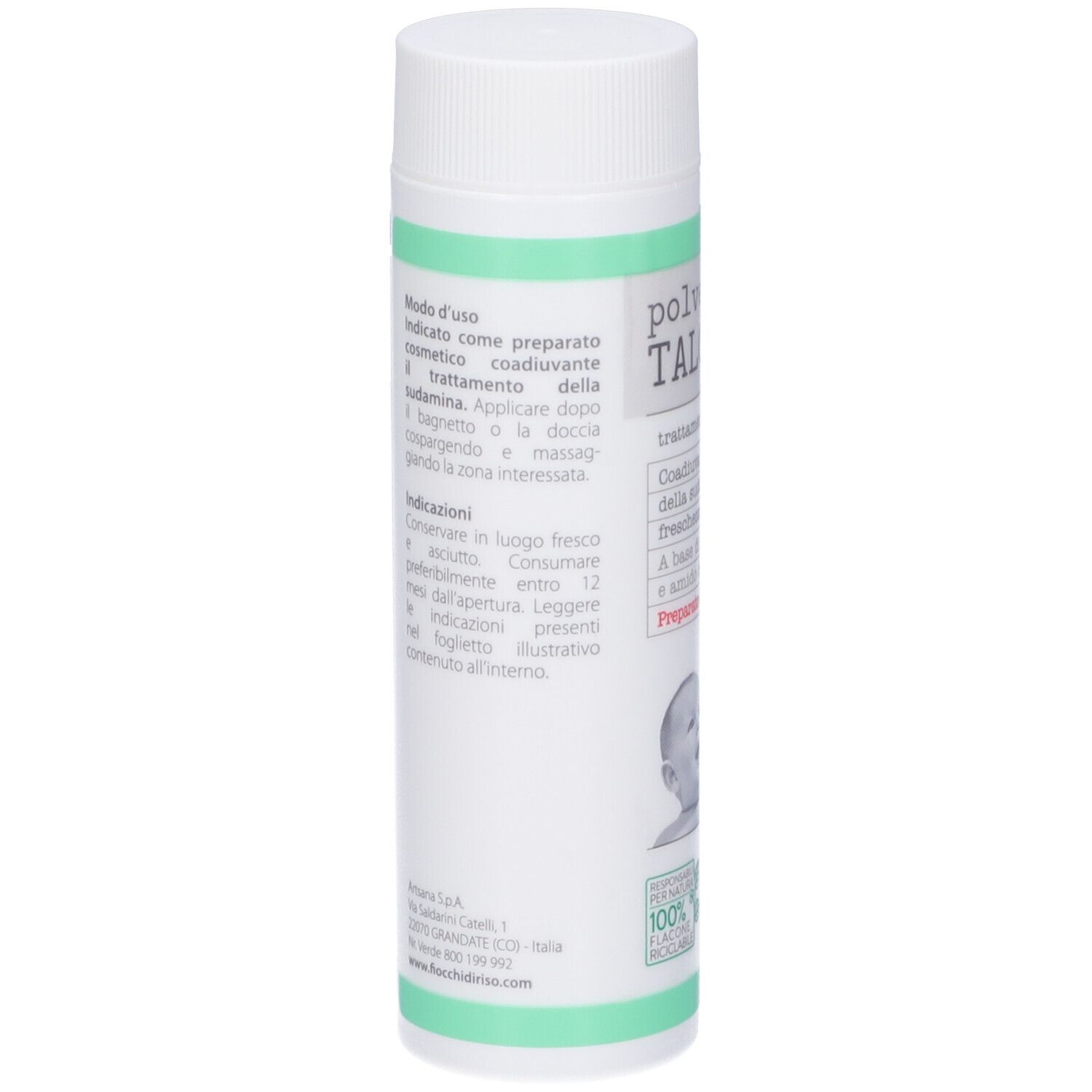 Retro flacone TALCAMID®. Scritte: istruzioni per l'uso, ingredienti, logo riciclo, test nickel.