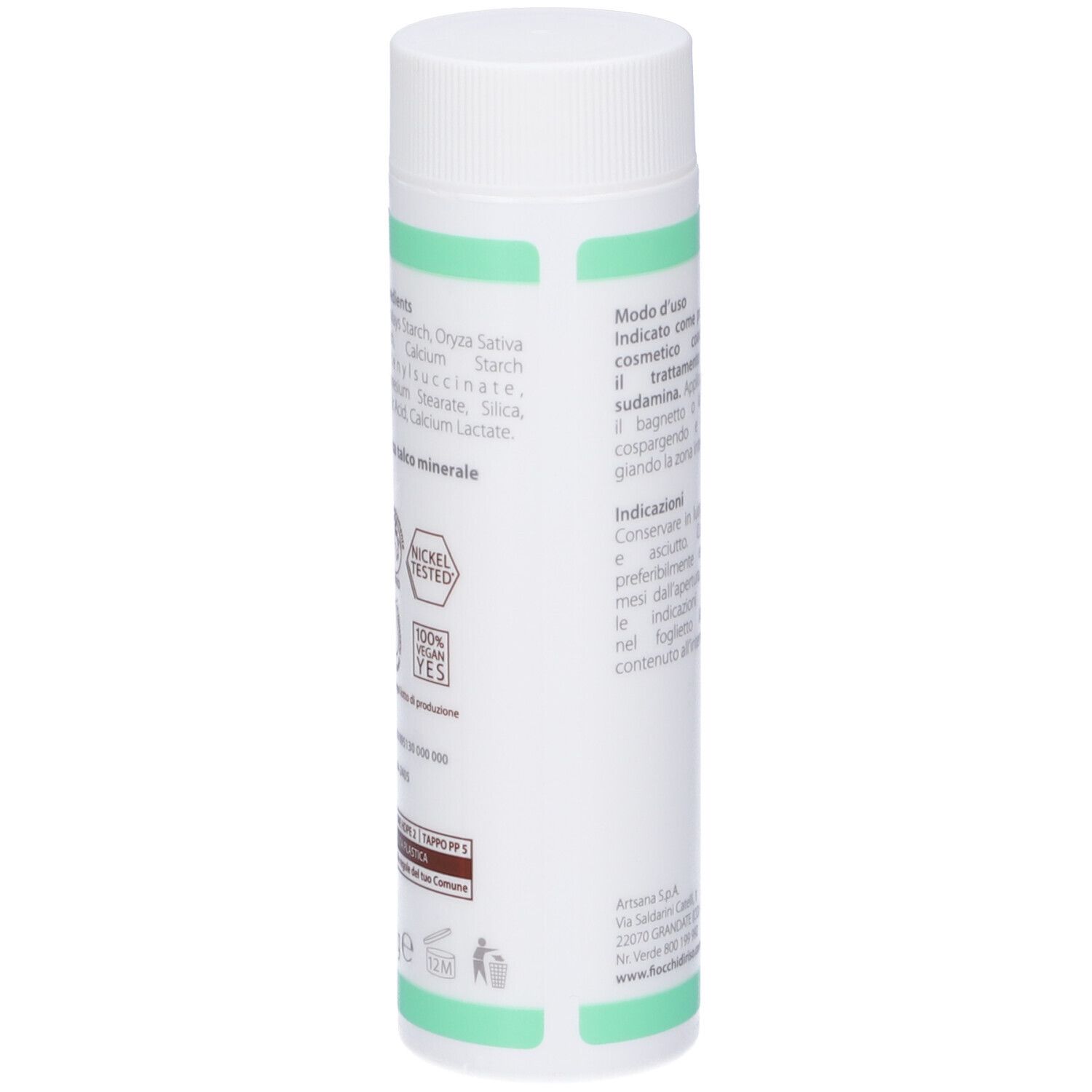 Retro flacone TALCAMID®. Scritte: ingredienti, test nickel, logo riciclo, informazioni produttore.