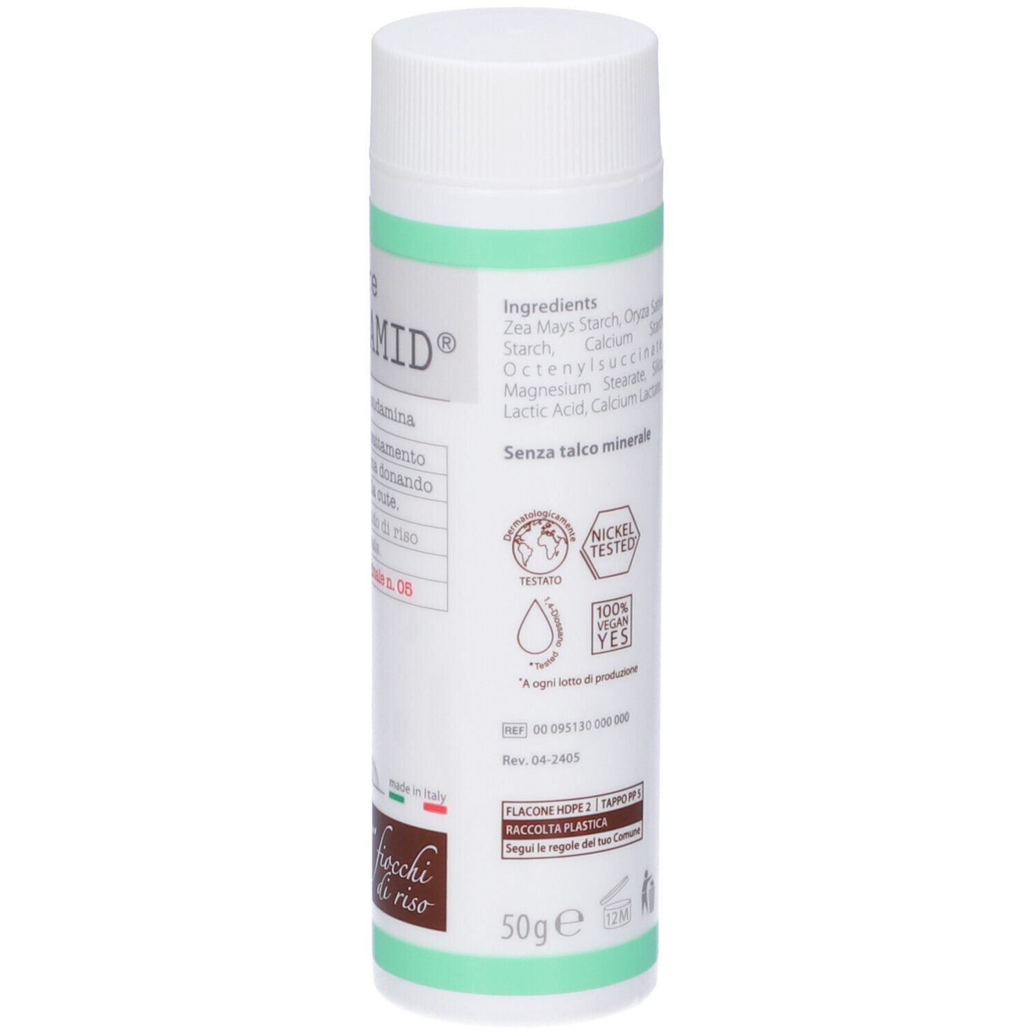 Retro flacone TALCAMID®. Scritte: ingredienti, test nickel, logo riciclo, 50g, info produttore.