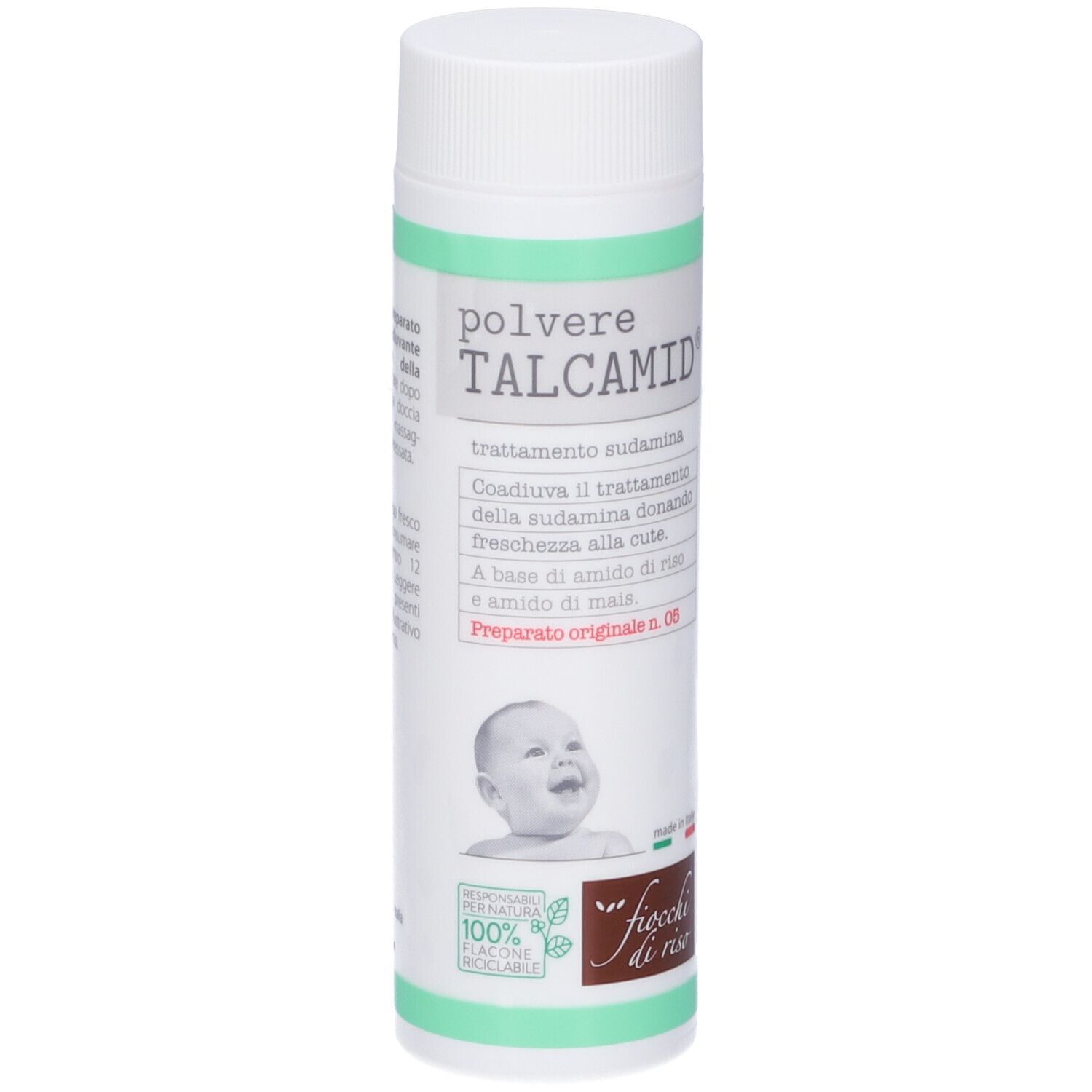 Flacone cilindrico con TALCAMID®. Scritte: « fiocchi di riso », immagine di bambino, dettagli verdi, logo riciclo.