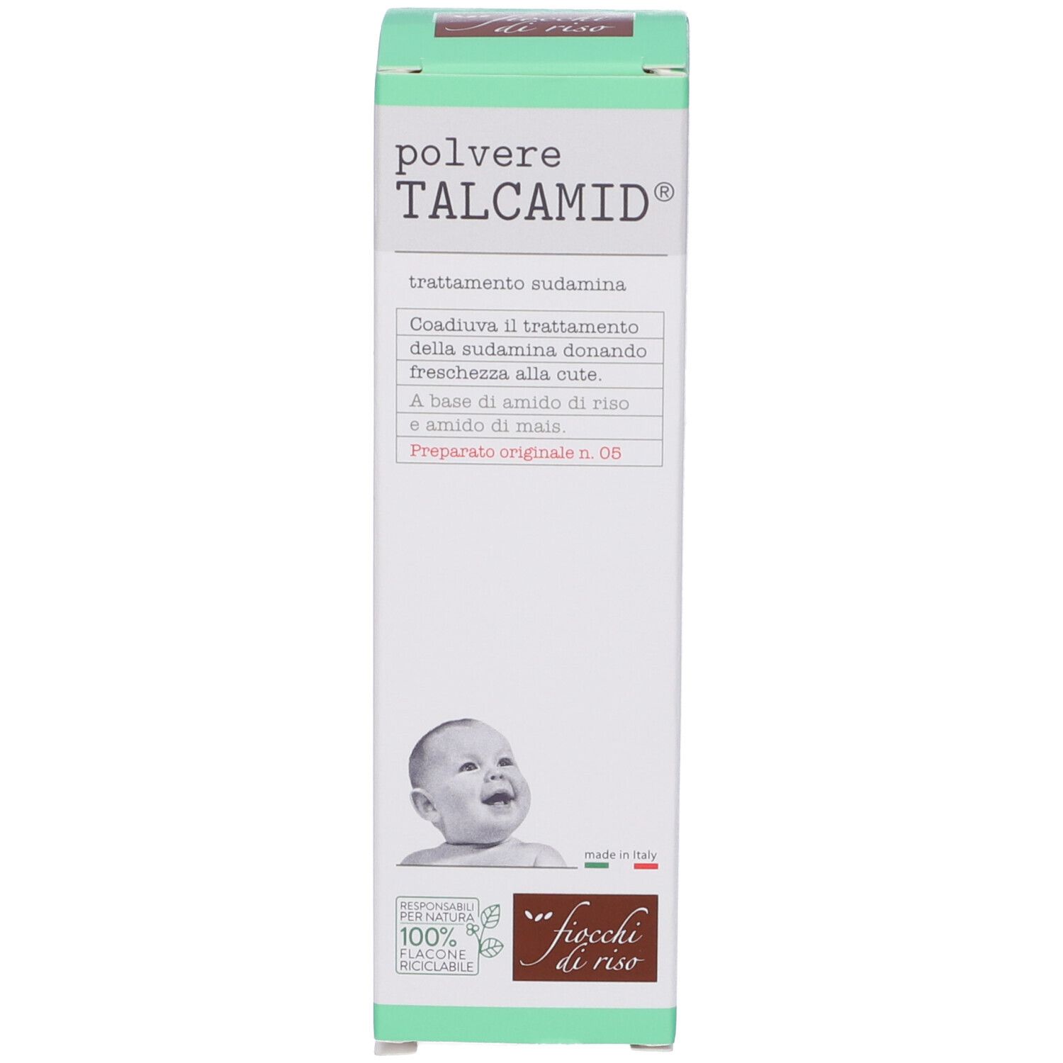 Scatola con TALCAMID®. Scritte: « fiocchi di riso », immagine di bambino, dettagli verdi, logo riciclo.