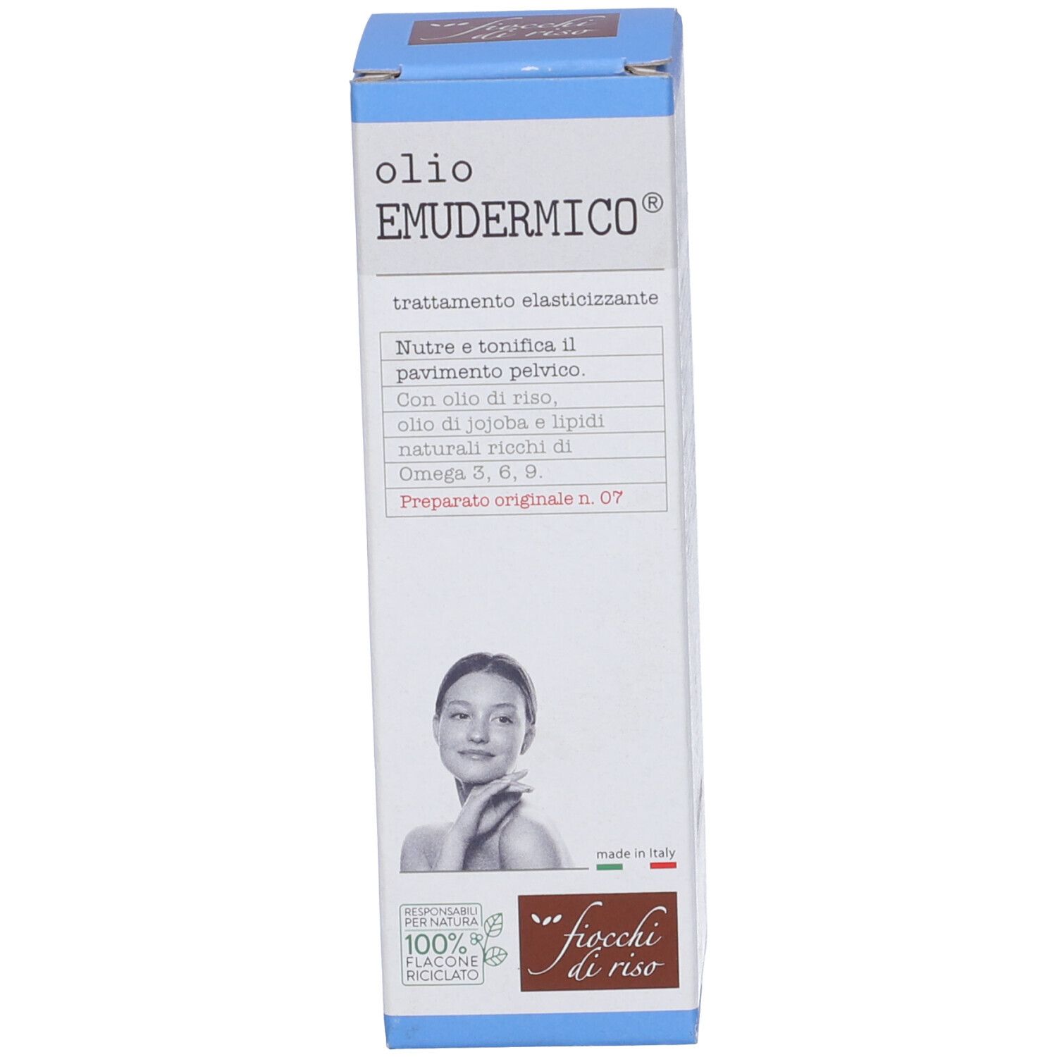 Kartonverpackung. Aufschrift: EMUDERMICO® Öl. Logo: fiocchi di riso. Mit italienischer Flagge.
