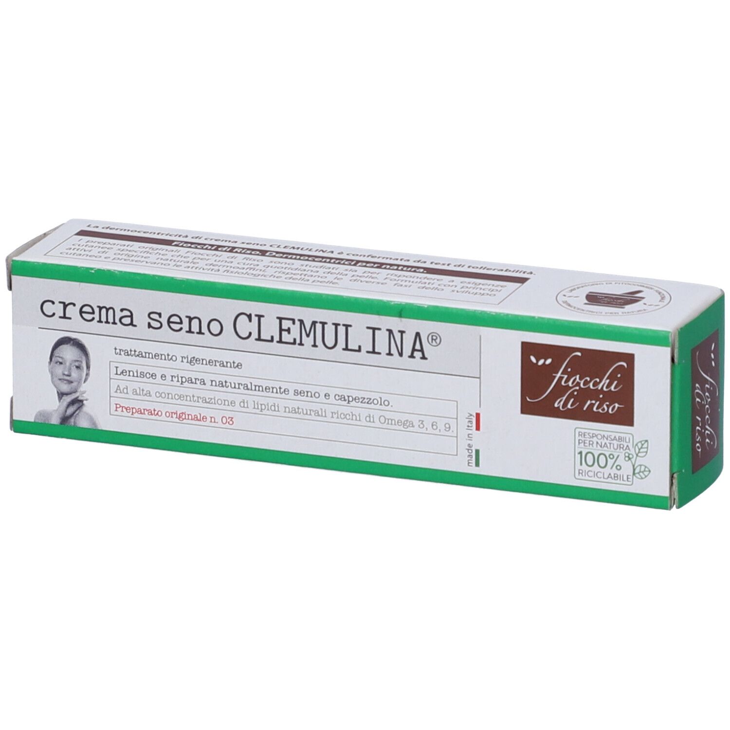 Confezione di crema CLEMULINA®. Scatola bianca e verde con nome e logo del prodotto. Testo in italiano.