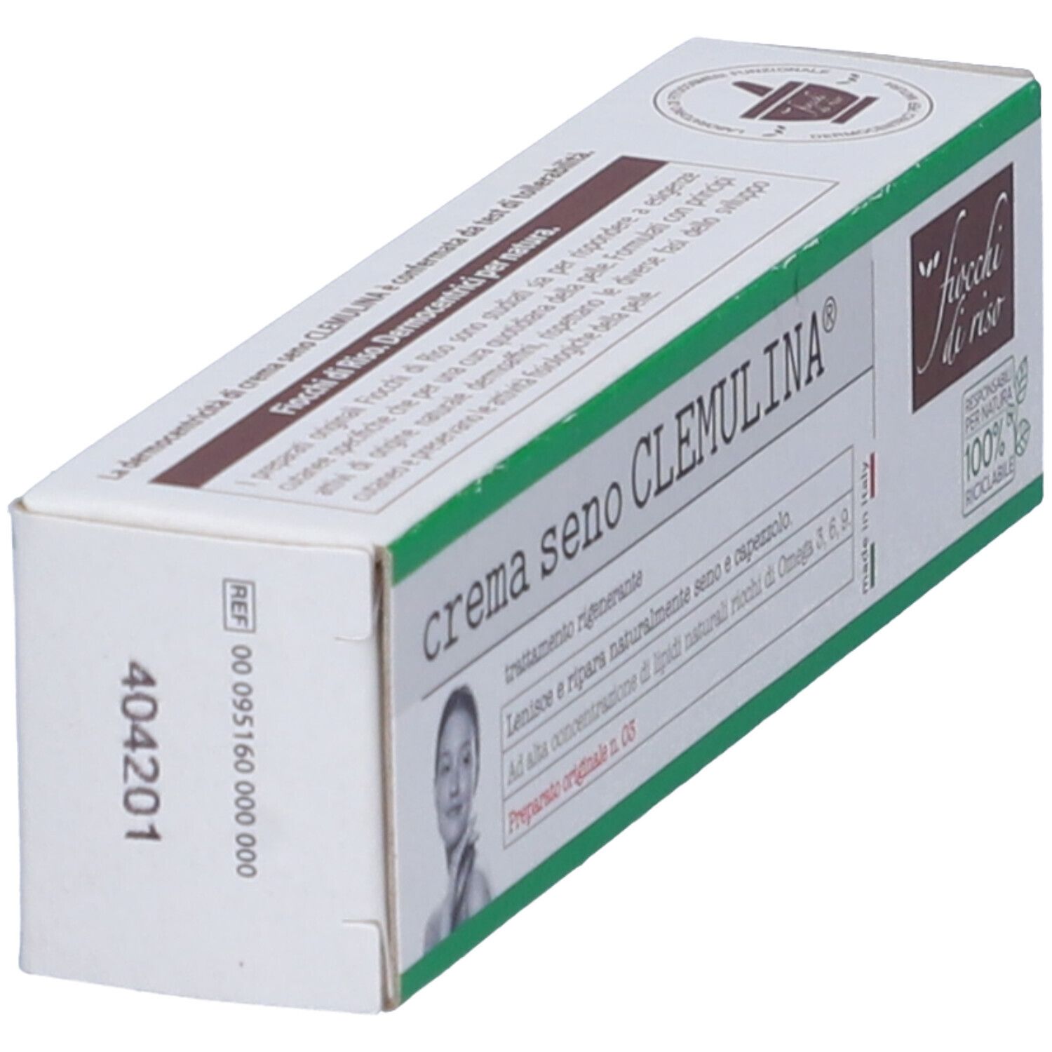Scatola di crema CLEMULINA®. Confezione bianca e verde con nome e logo del prodotto. Testo in italiano.
