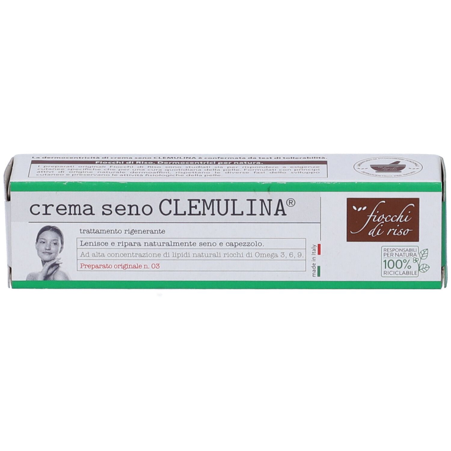 Confezione di crema CLEMULINA®. Scatola bianca e verde con nome e logo del prodotto. Testo in italiano.