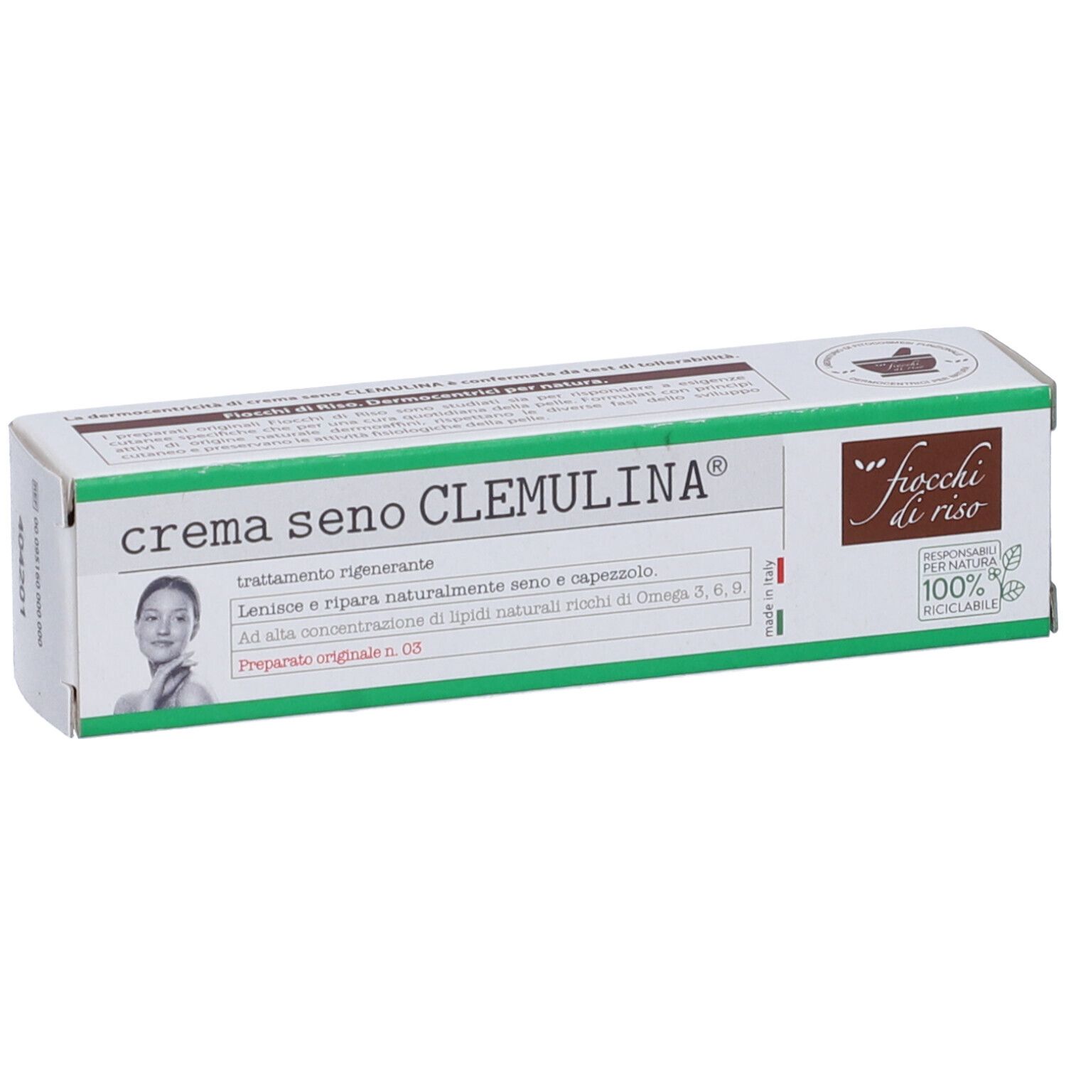 Confezione di crema CLEMULINA®. Scatola bianca e verde con nome e logo del prodotto. Testo in italiano.