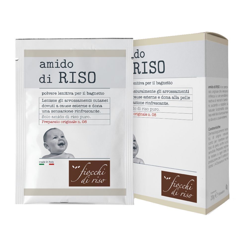 Confezione "amido di RISO" con foto di bambino. Bustina e scatola con informazioni e logo.