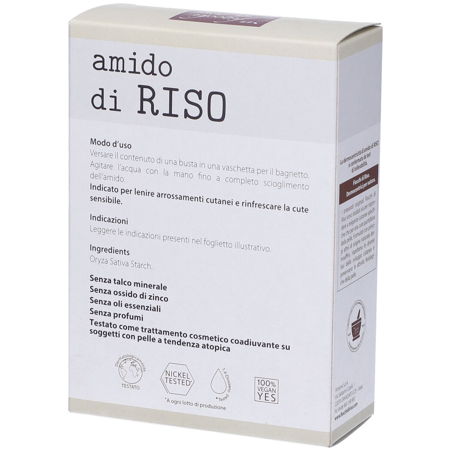 Scatola "amido di RISO" con ingredienti. Testo: "Oryza Sativa Starch". Certificazioni: Nickel Tested, Vegan.