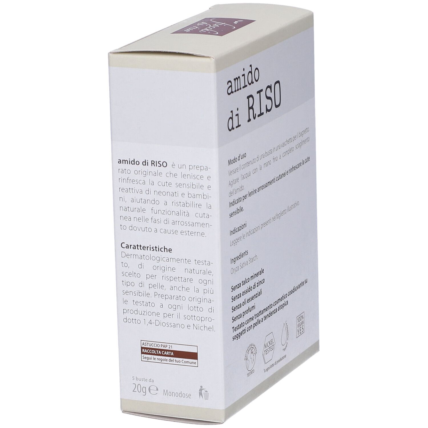Scatola "amido di RISO" di lato. Testo e logo "fiocchi di riso". Certificazioni e ingredienti.