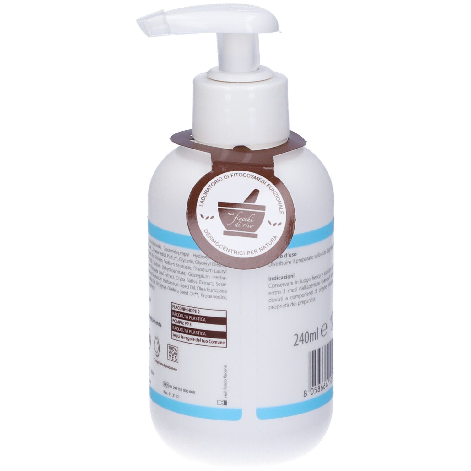 Retro di flacone bianco con dosatore. Etichetta con informazioni. Testo: 240ml.