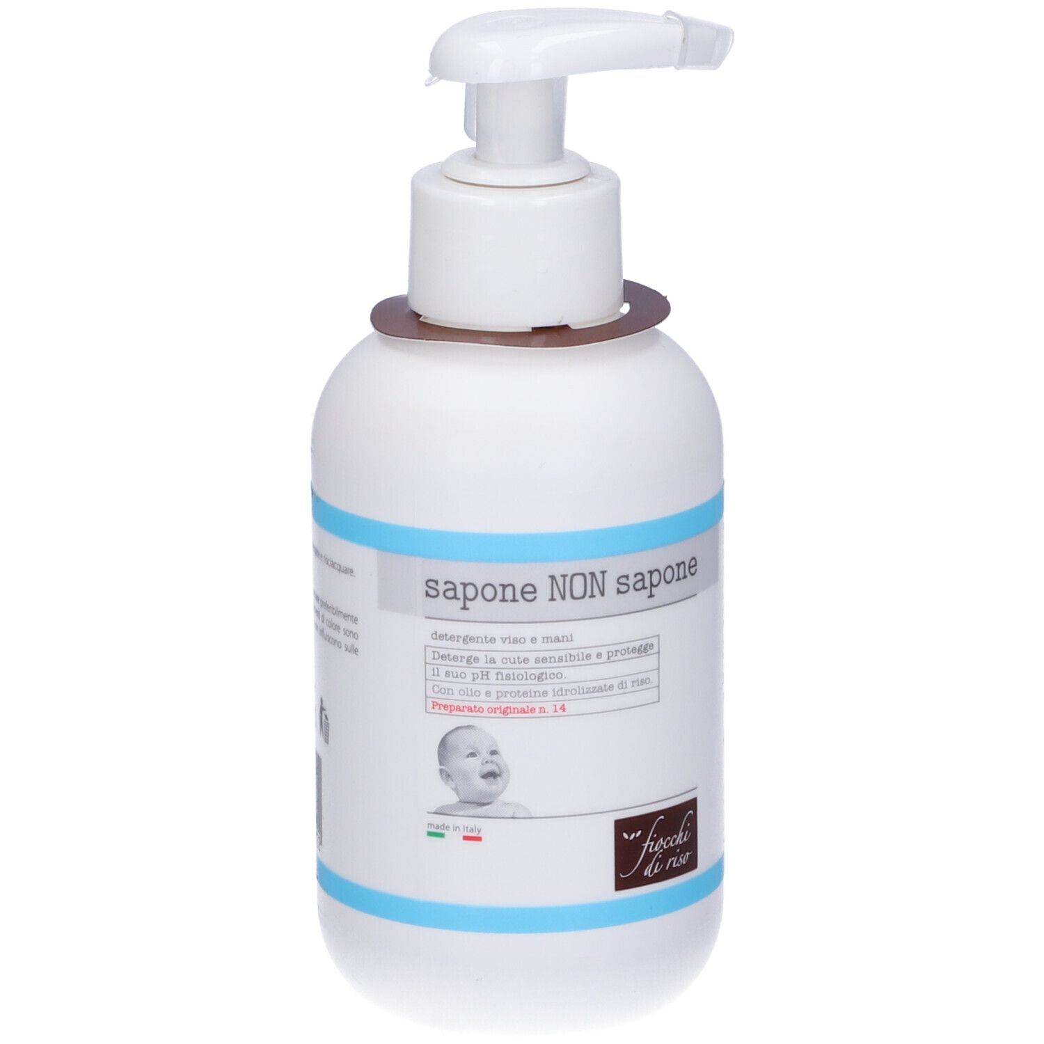 Flacone bianco con dosatore. Etichetta con informazioni. Testo: Sapone NON sapone.