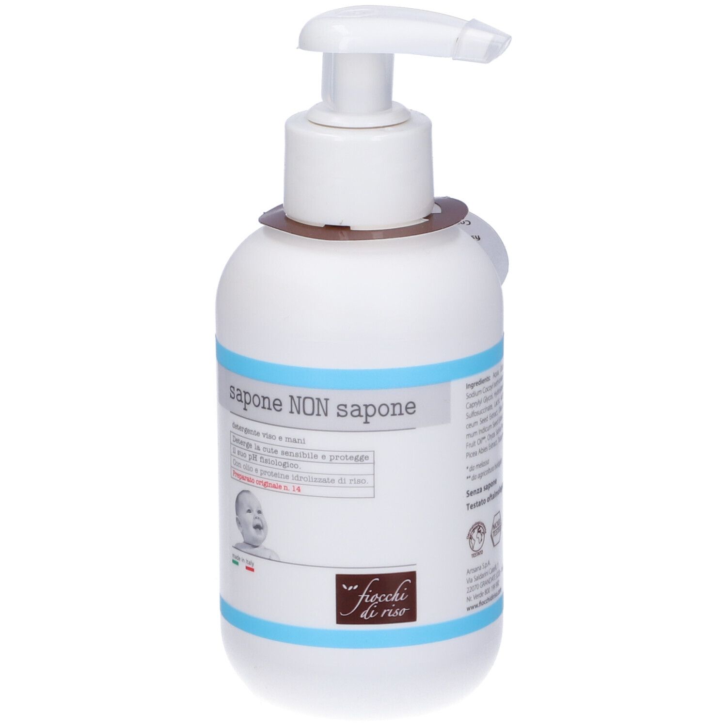 Flacone bianco con dosatore. Etichetta con informazioni. Testo: Sapone NON sapone.