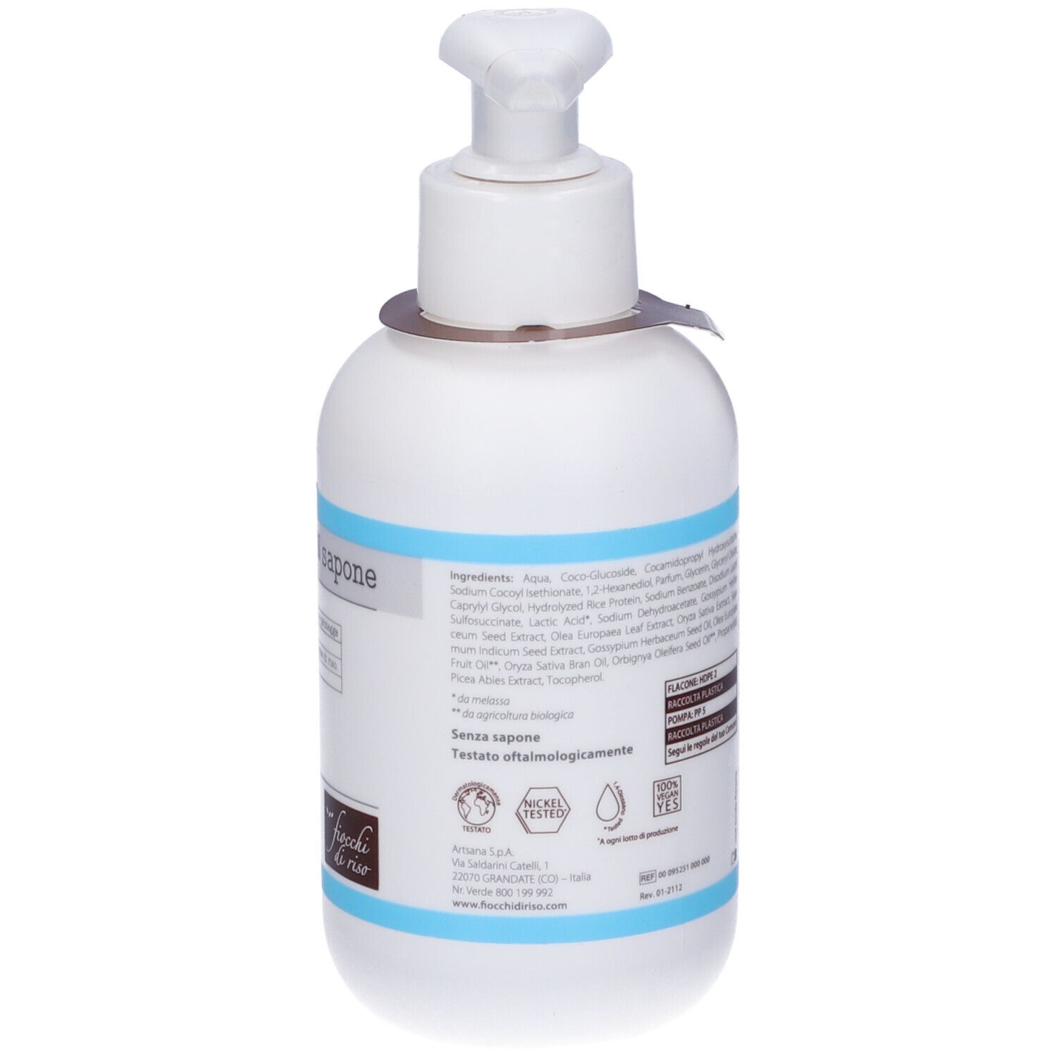 Retro di flacone bianco con dosatore. Etichetta con informazioni. Testo: Ingredienti.