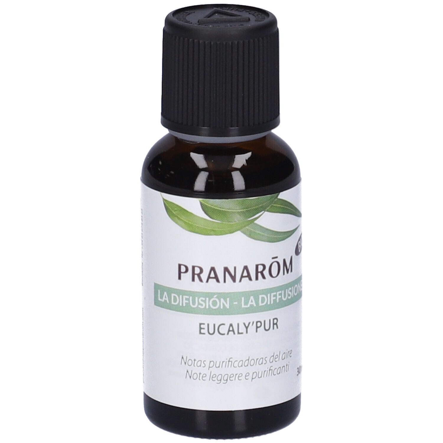 Flacone di vetro marrone con tappo nero ed etichetta bianca. L'etichetta riporta 'EUCALY'PUR'.