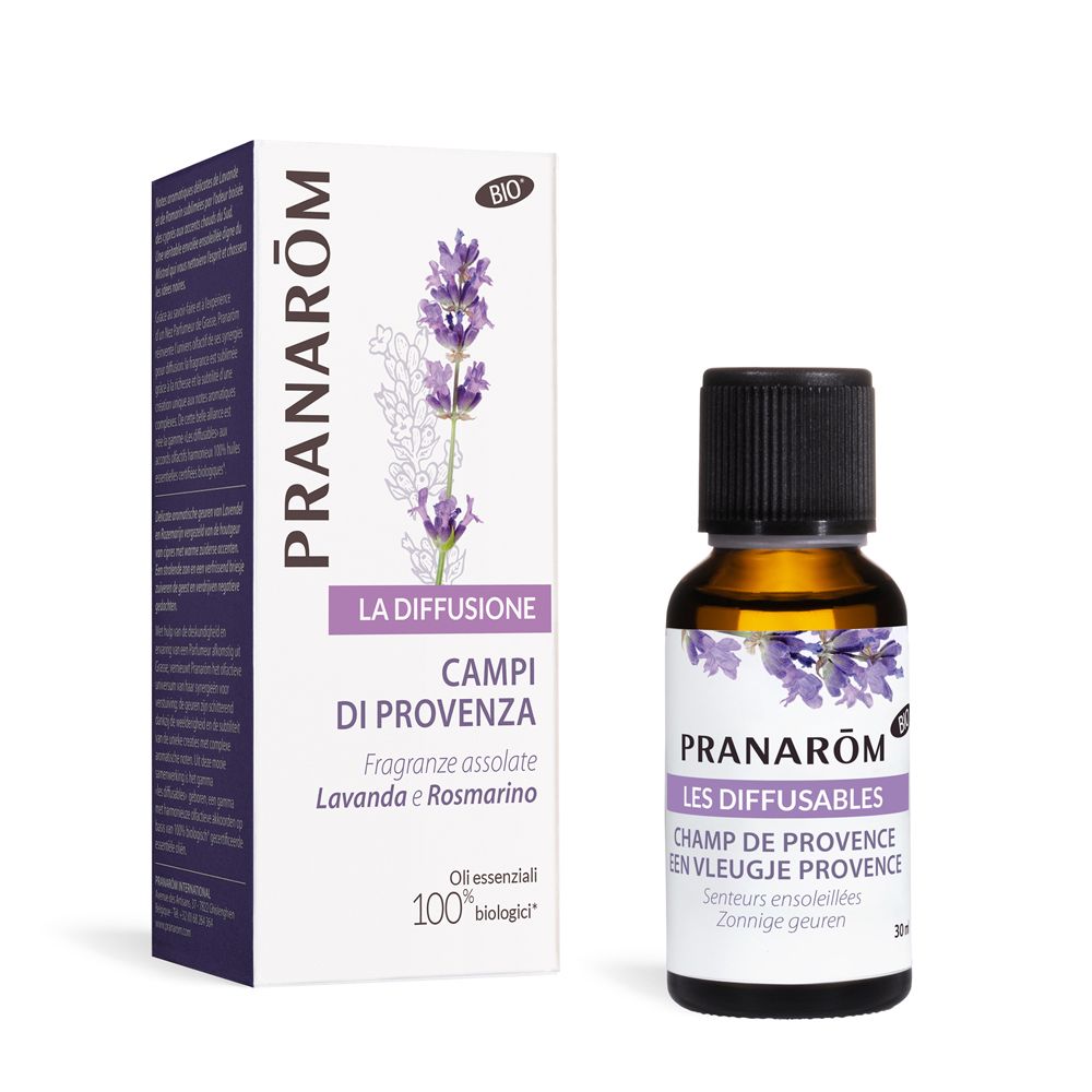 Flacone in vetro marrone e scatola. Scritta: Pranarôm, La Diffusion, Campi di Provenza. Immagine di lavanda.