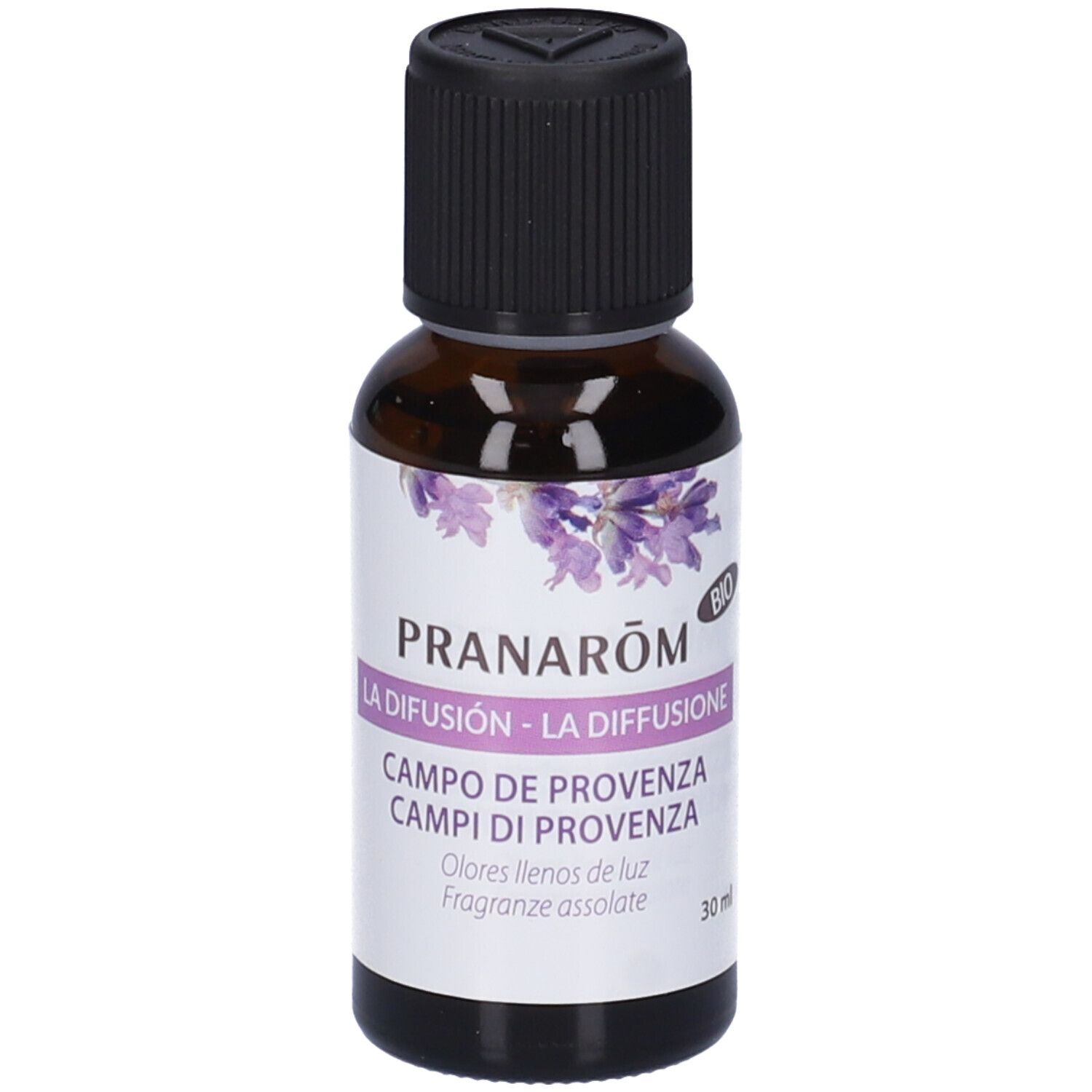 Flacone in vetro marrone con tappo nero. Scritta: Pranarôm, La Diffusion, Campi di Provenza. 30 ml.