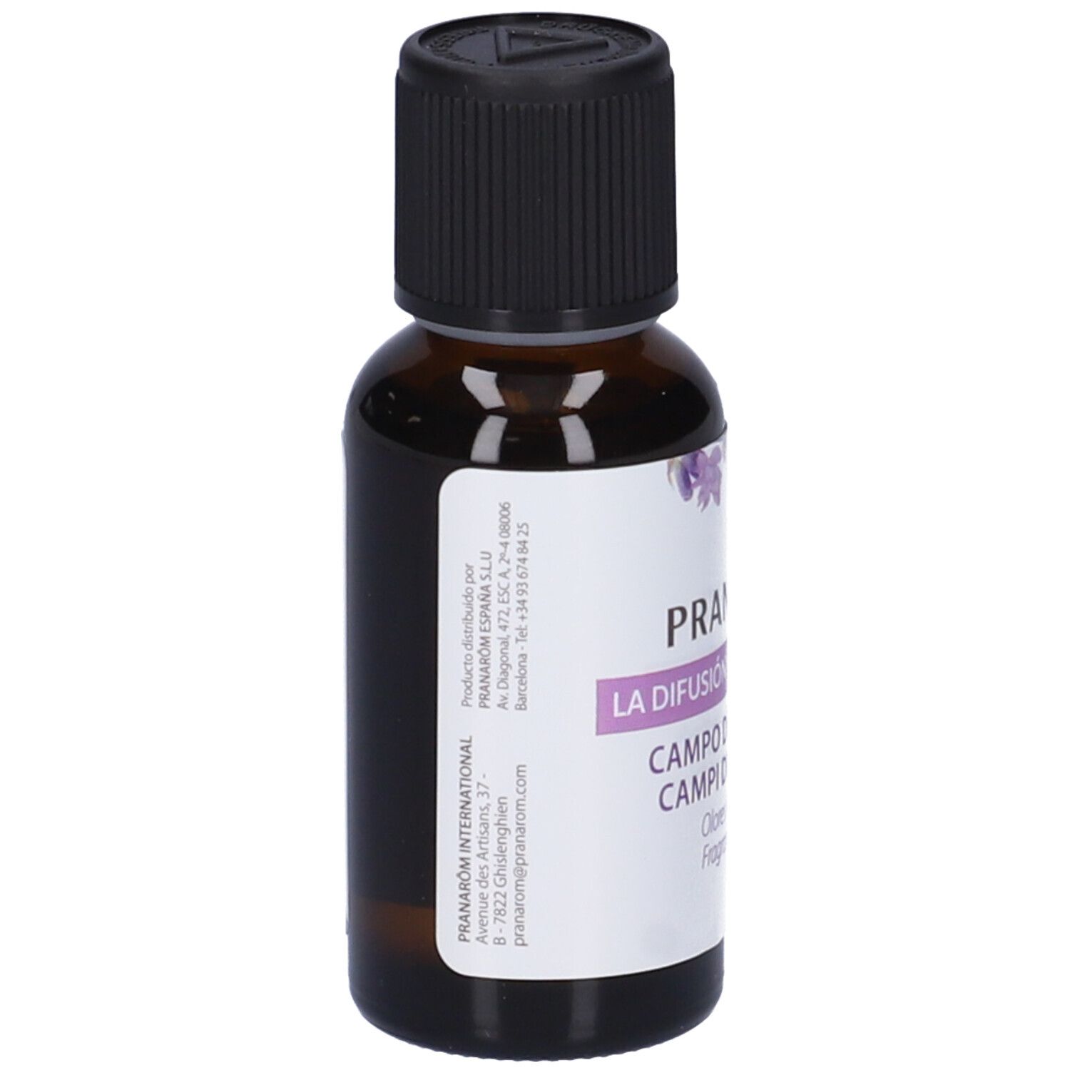 Flacone in vetro marrone con tappo nero. Scritta: Pranarôm, La Diffusion, Campi di Provenza. 30 ml. Retro.