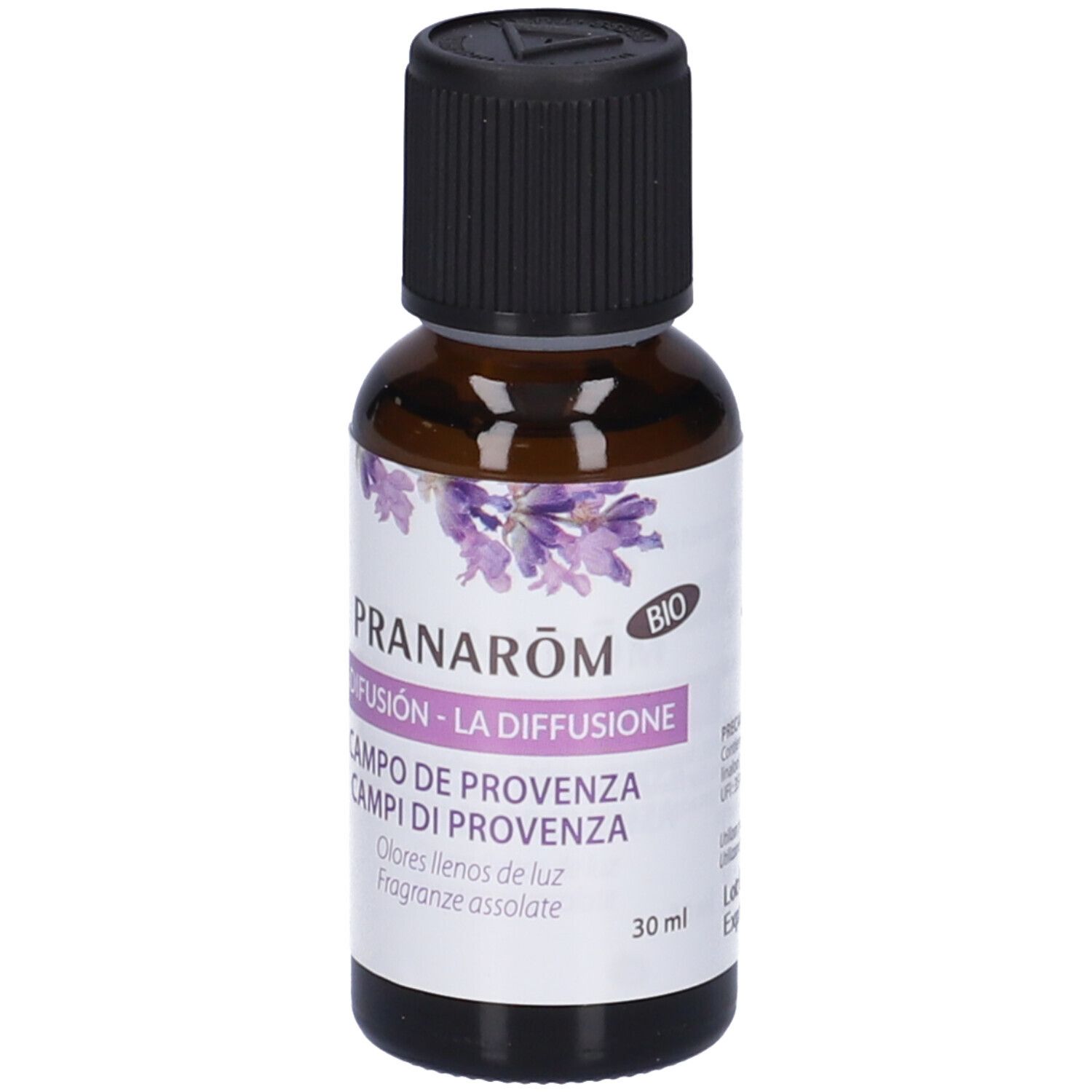 Flacone in vetro marrone con tappo nero. Scritta: Pranarôm, La Diffusion, Campi di Provenza. 30 ml.