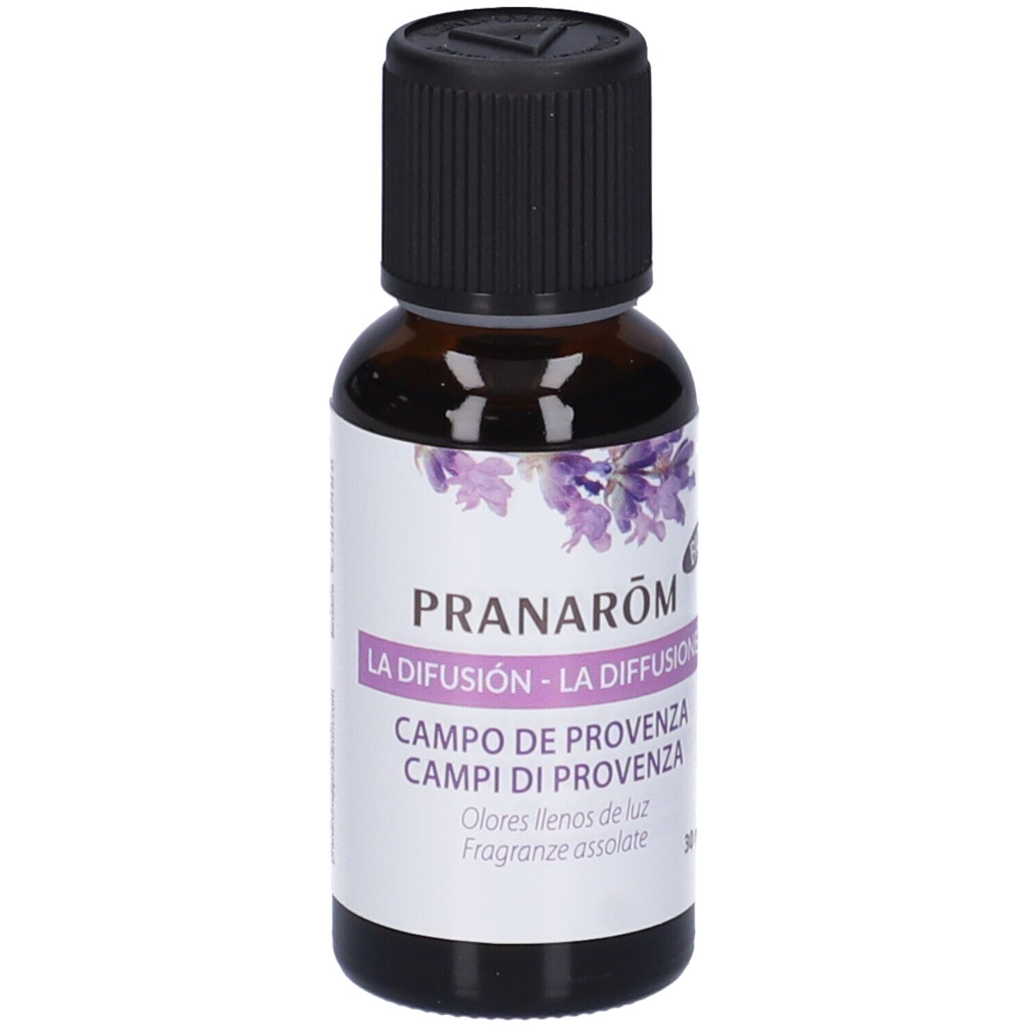 Flacone in vetro marrone con tappo nero. Scritta: Pranarôm, La Diffusion, Campi di Provenza. 30 ml.