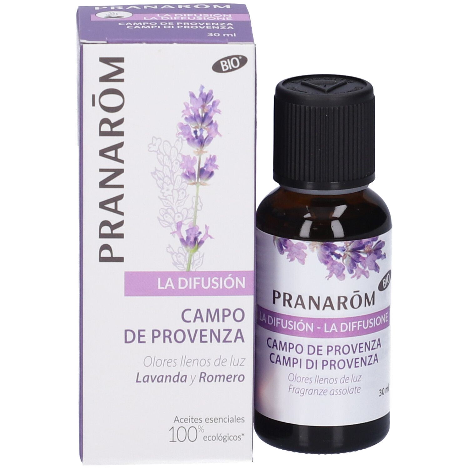 Flacone in vetro marrone e scatola. Scritta: Pranarôm, La Diffusion, Campi di Provenza. 30 ml.