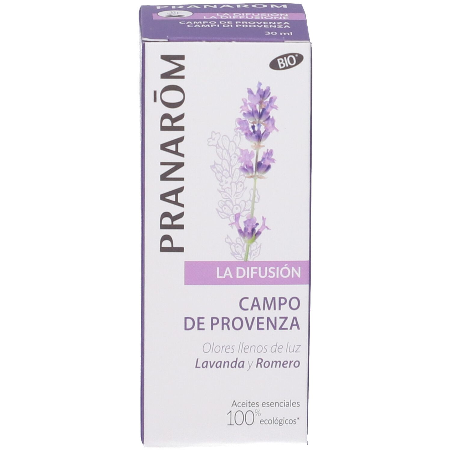Scatola. Scritta: Pranarôm, La Diffusion, Campi di Provenza. 30 ml. Immagine di lavanda.
