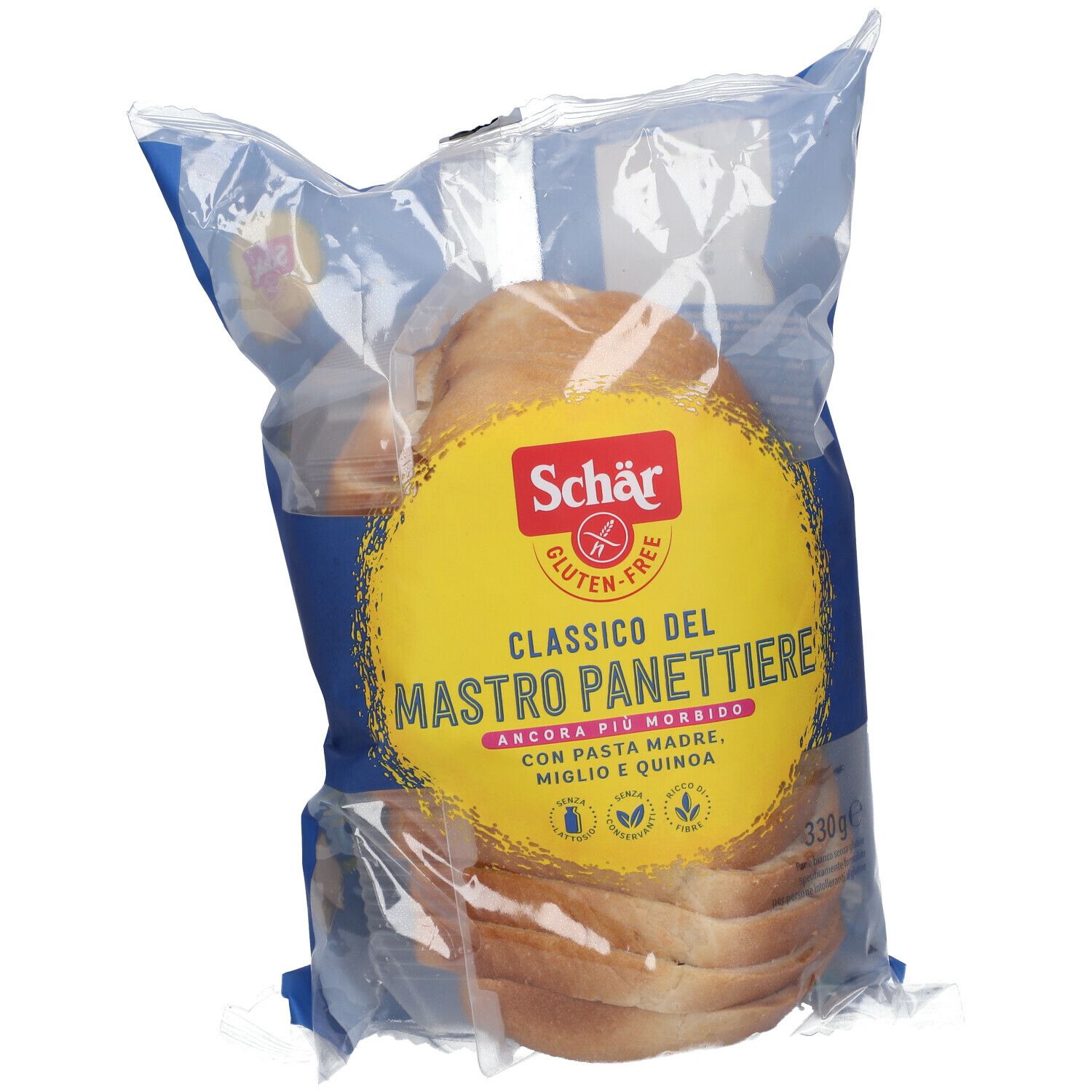 Pane in confezione trasparente. Etichetta gialla con "Schär" e "Classico del Mastro Panettiere". Senza glutine.