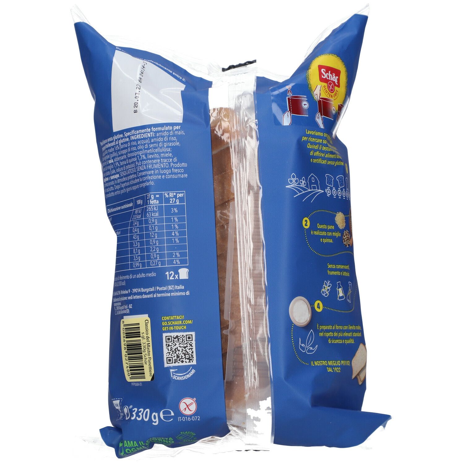 Retro della confezione del pane. Confezione blu con informazioni nutrizionali e codice QR. Senza glutine.