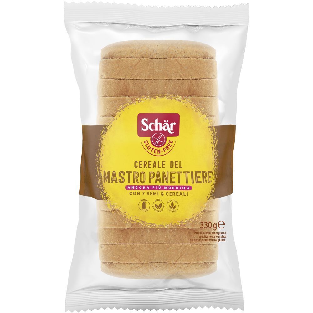 Confezione di pane senza glutine Schär. Scritto: Cereale del Mastro Panettiere, con 7 semi e cereali. 330g.
