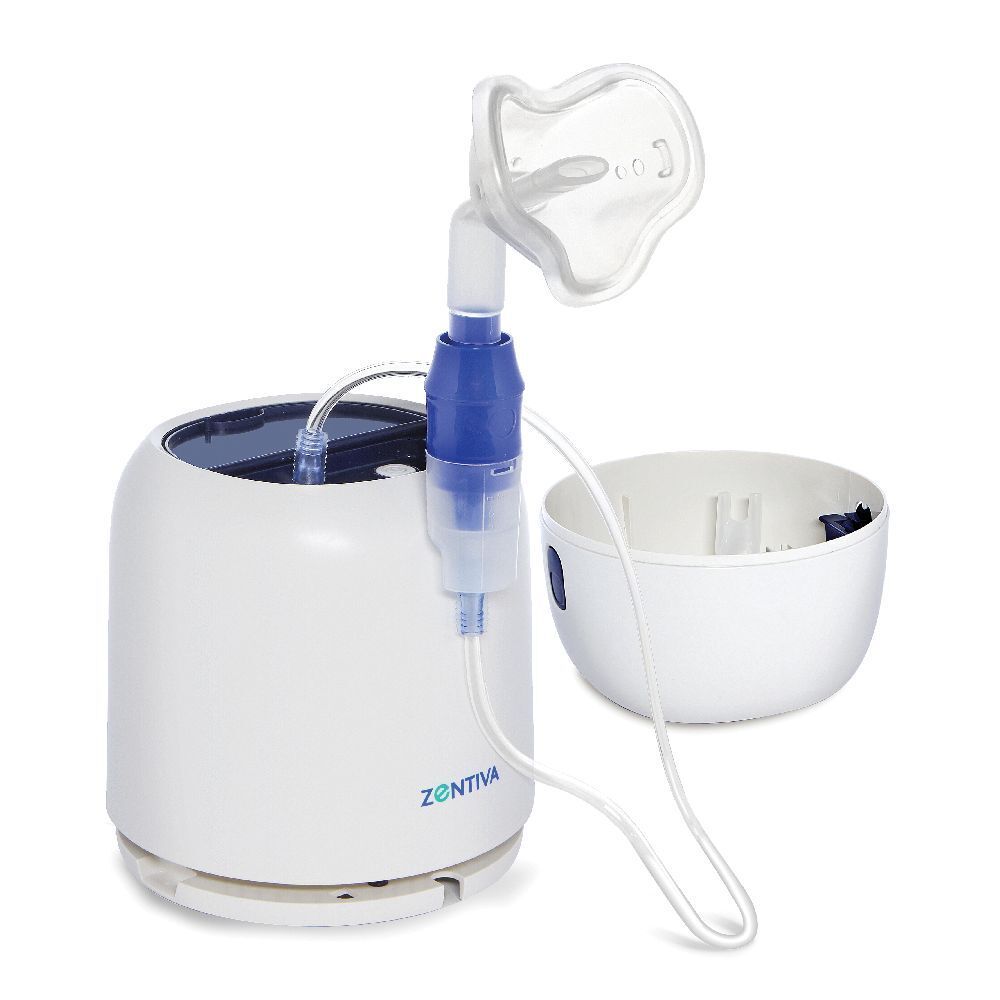 Nebulizzatore con maschera e contenitore. Corpo bianco con elemento blu. Marchio ZENTIVA.